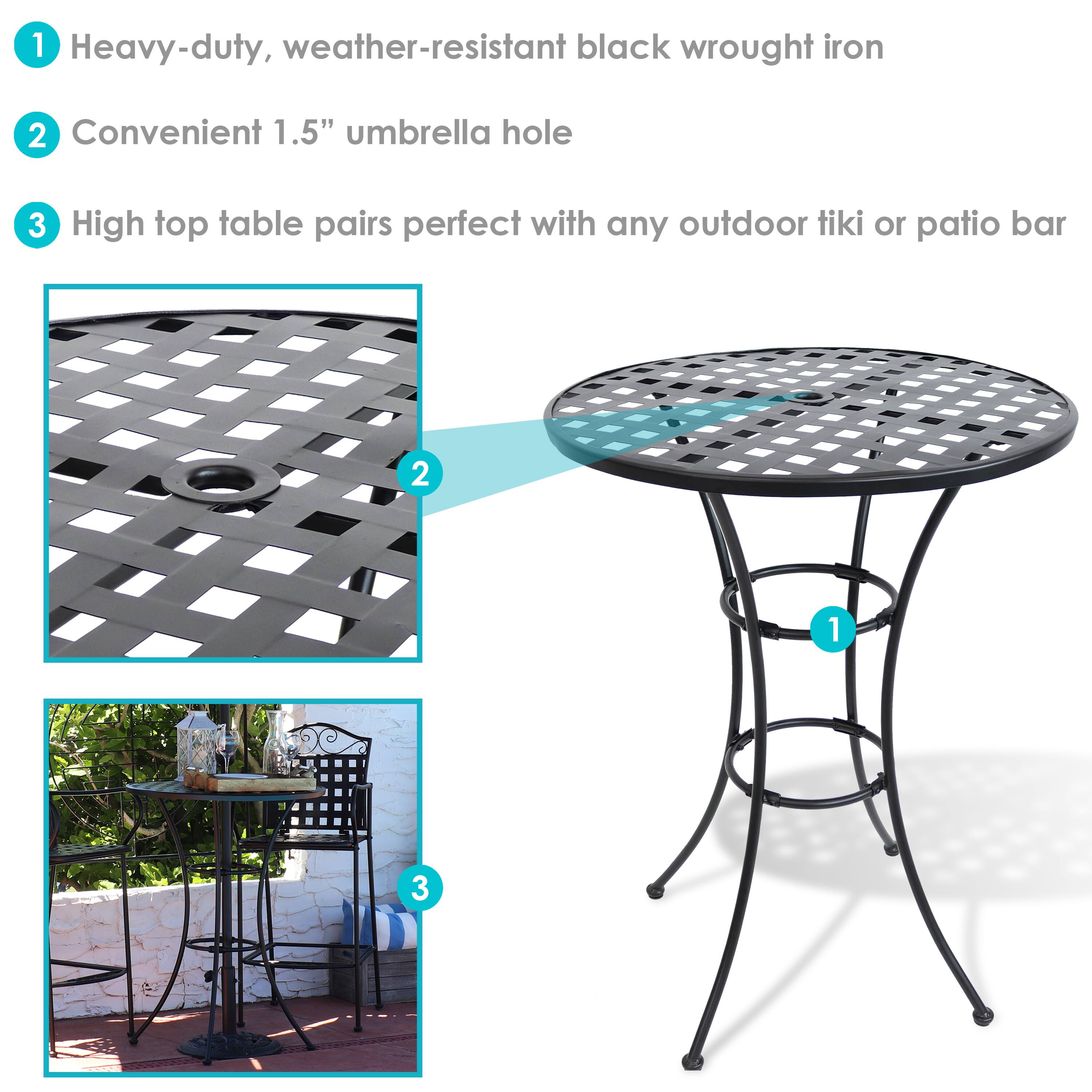 1. Heavy-duty, weather-resistant black wrought iron
2. Convenient 1.5" umbrella hole
3. High top table pairs perfect with any outdoor tiki or patio bar