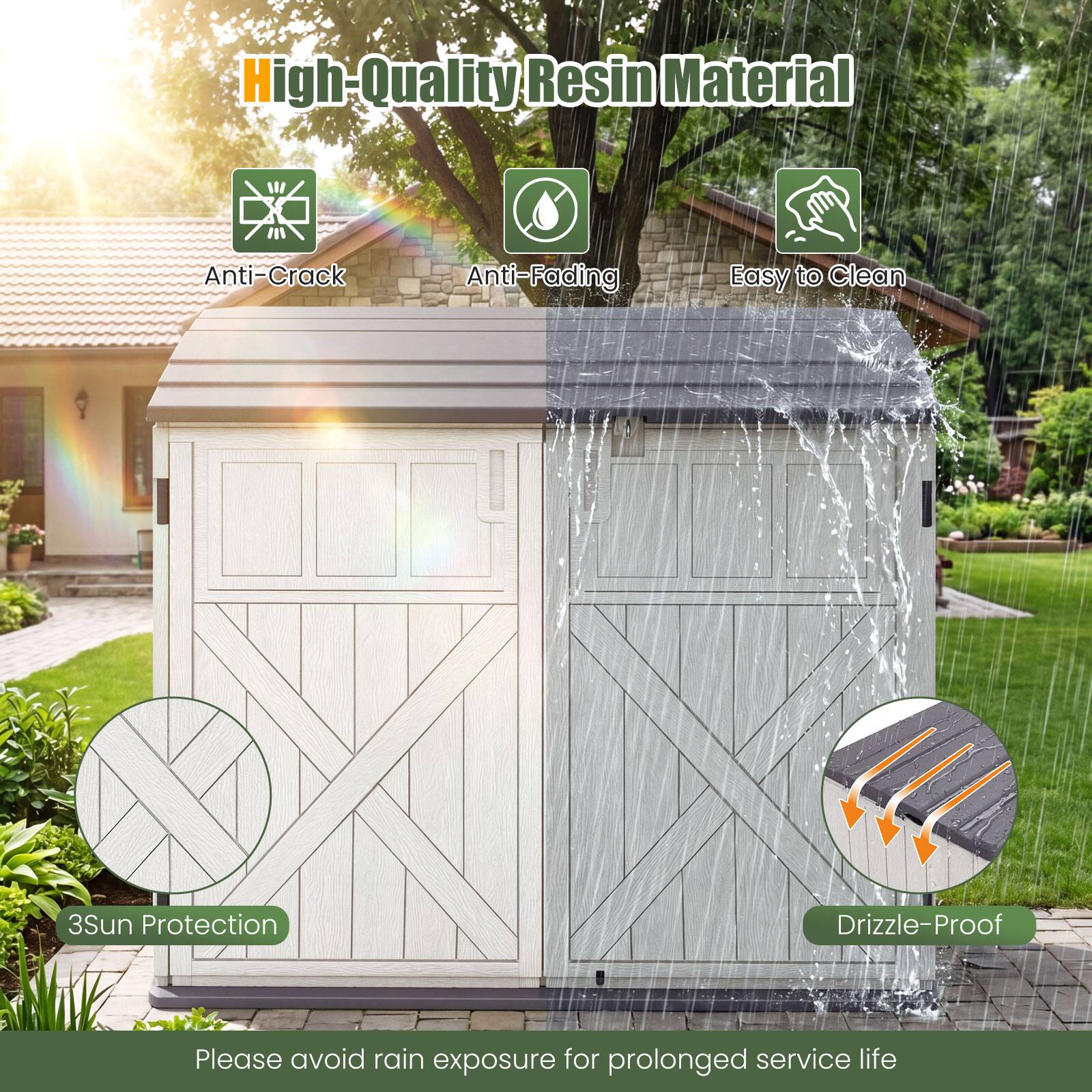 High-Quality Resin Material  
Anti-Crack  
Anti-Fading  
Easy to Clean  
3Sun Protection  
Drizzle-Proof  
Please avoid rain exposure for prolonged service life