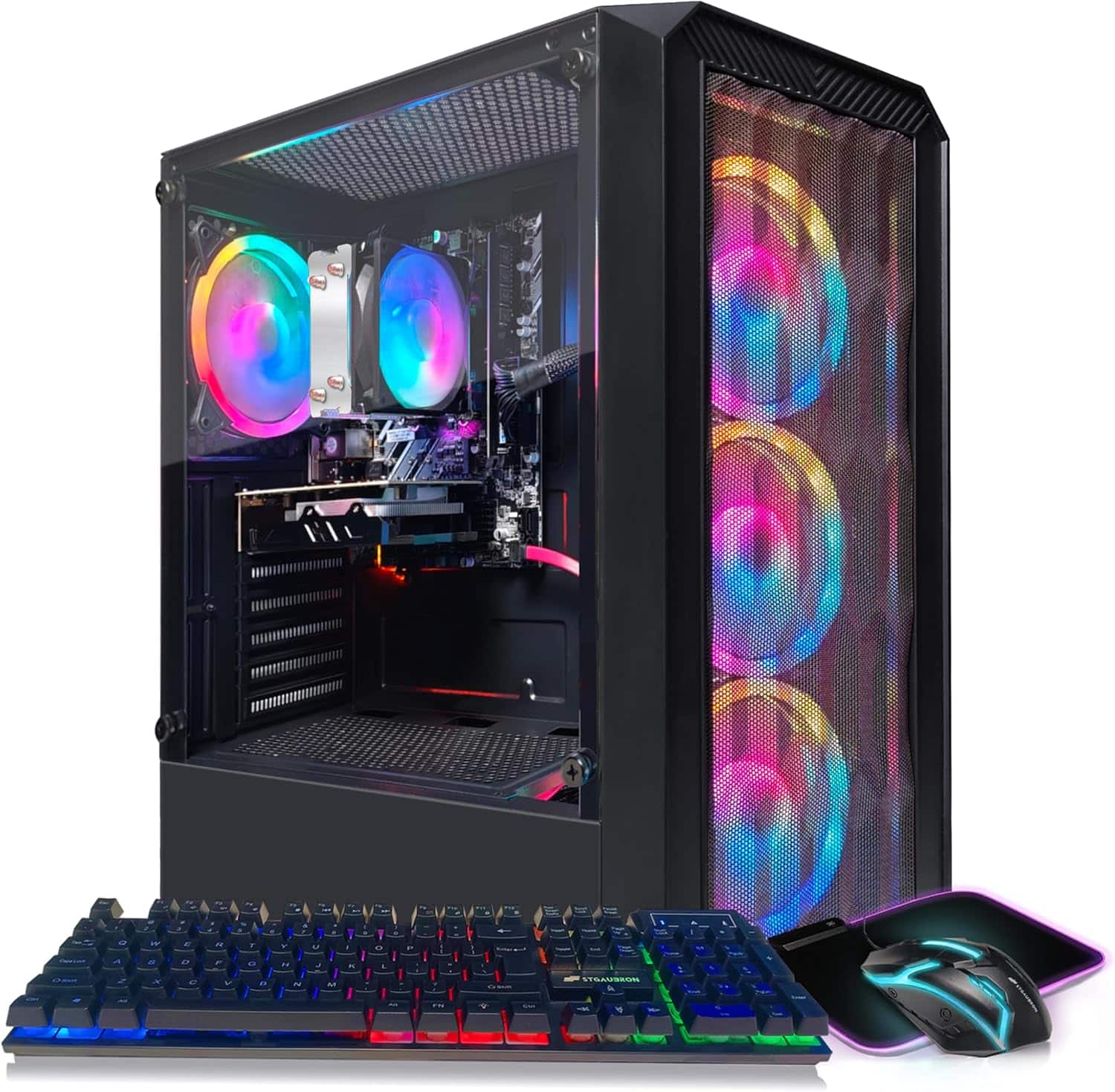 Front. STGAubron - STGAubron Gaming PC Desktop, Radeon RX 590 8G GDDR5, AMD Athlon 3000G 3.5Ghz, 16G DDR4 RAM, 512G SSD, Windows 11 Home - Black.