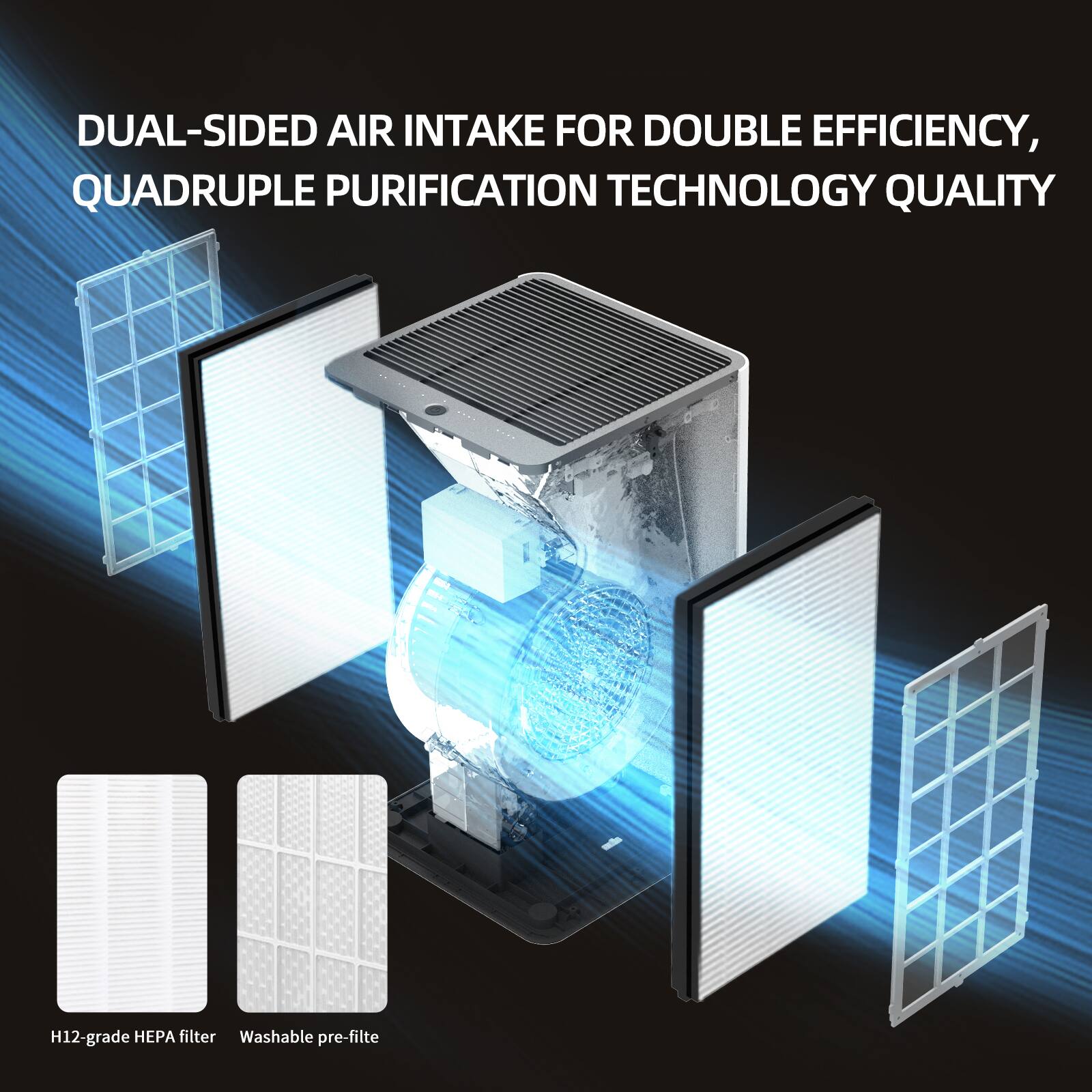 DUAL-SIDED AIR INTAKE FOR DOUBLE EFFICIENCY, QUADRUPLE PURIFICATION TECHNOLOGY QUALITY

H12-grade HEPA filter
Washable pre-filter