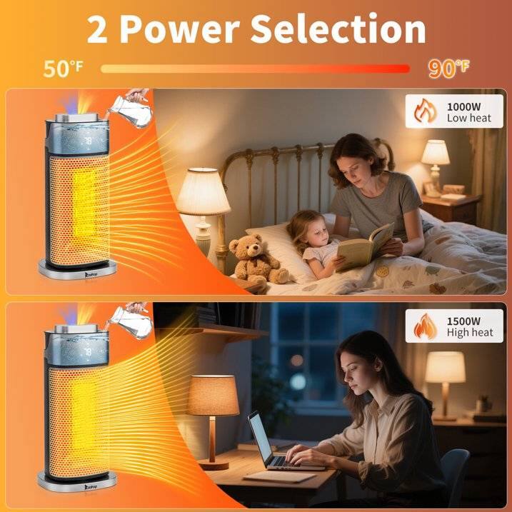 2 Power Selection  
50°F  
90°F  

1000W Low heat  
1500W High heat