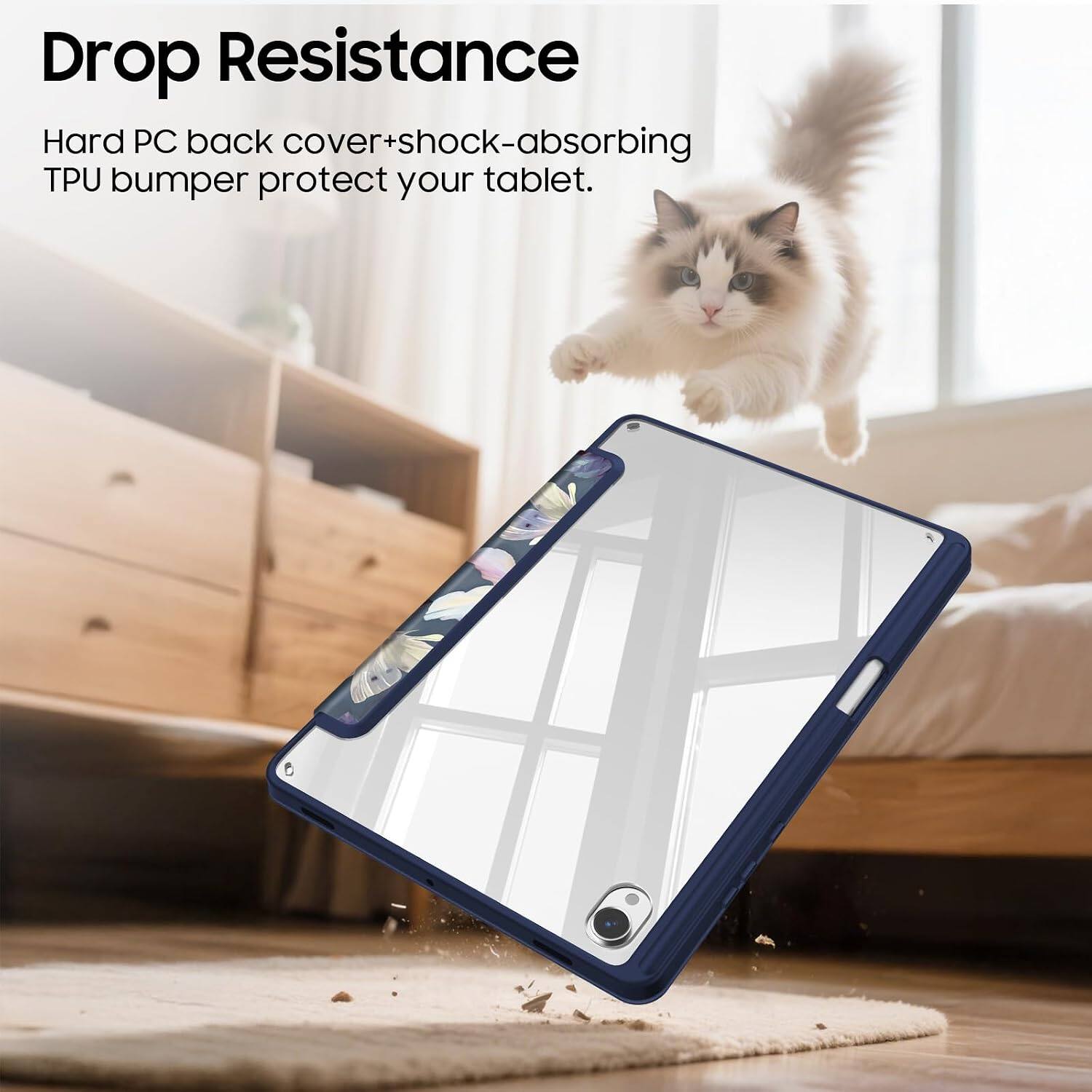 Drop Resistance  
Hard PC back cover+shock-absorbing TPU bumper protect your tablet.