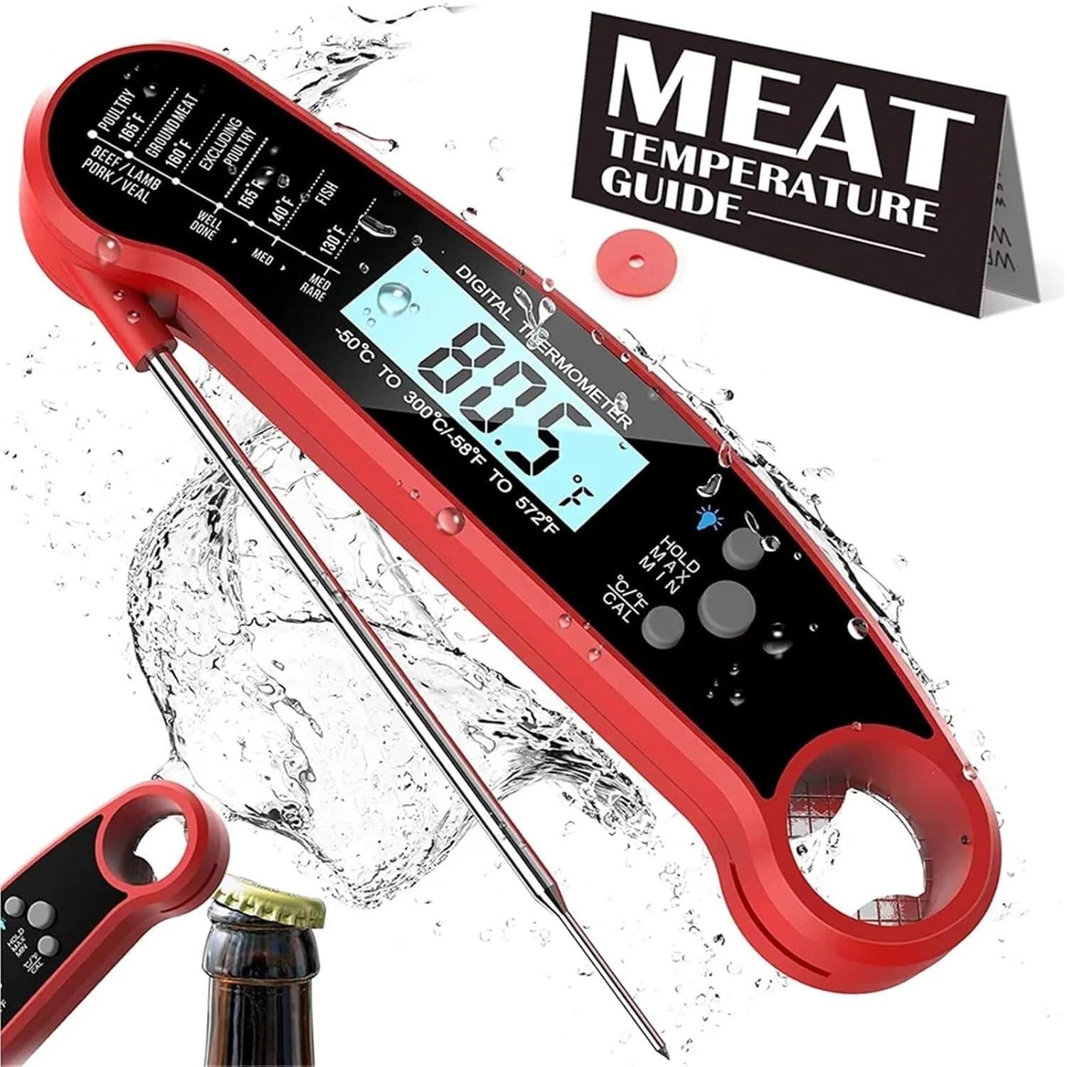 **MEAT TEMPERATURE GUIDE**

- **POULTRY:** 165°F
- **GROUND MEAT (EXCLUDING POULTRY):** 160°F
- **BEEF, PORK, VEAL, LAMB:** 155°F
- **FISH:** 140°F (WELL DONE), 130°F (MEDIUM RARE)

**DIGITAL THERMOMETER**
- **-50°C TO 300°C / -58°F TO 572°F**
- **HOLD C/F IN MEMORY**
- **MIN/MAX**

**TEMPERATURE INDICATORS:**
- **POULTRY:** 165°F
- **GROUND MEAT:** 160°F
- **BEEF, PORK, VEAL, LAMB:** 155°F
- **FISH:** 140°F (WELL DONE), 130°F (MEDIUM RARE)