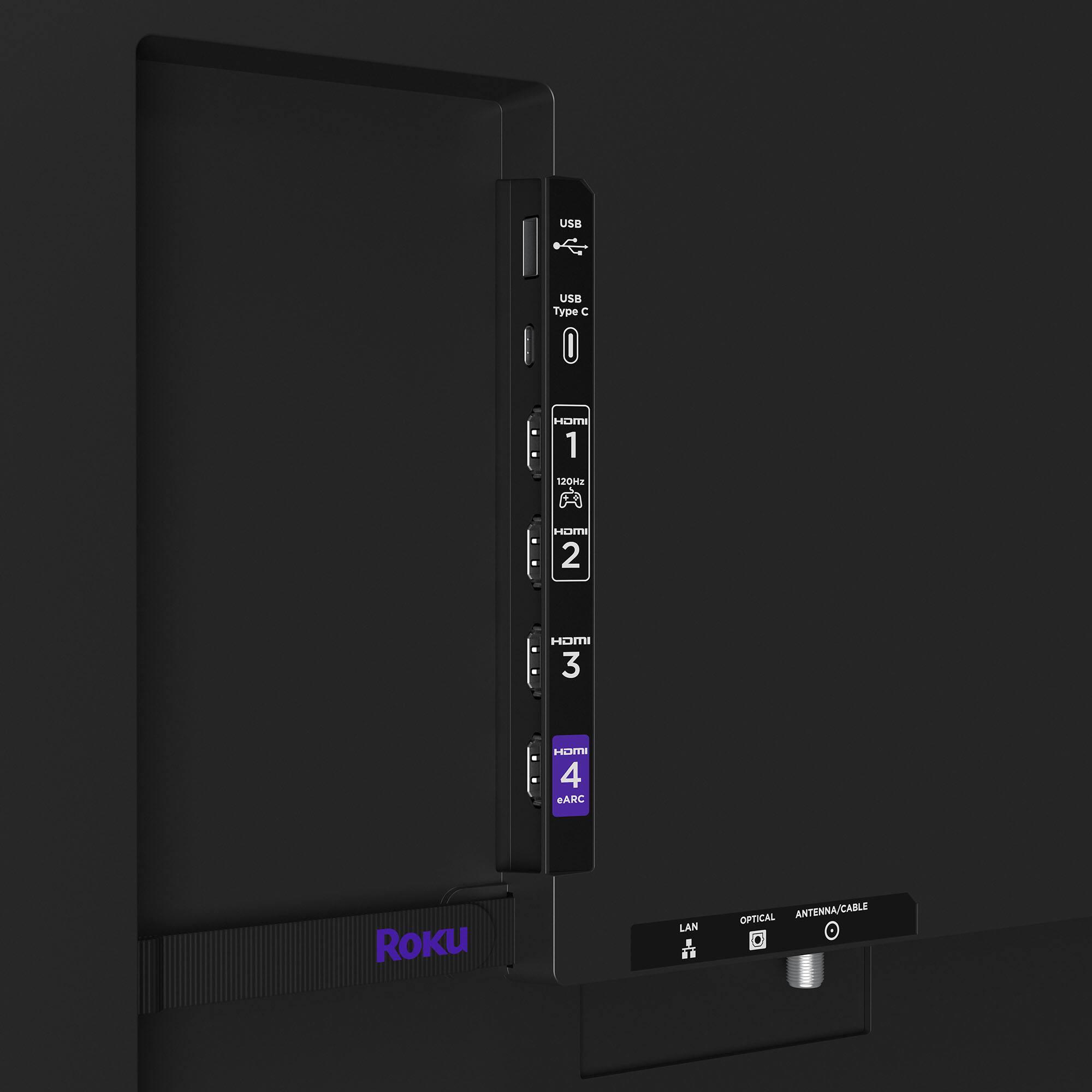 USB  
USB Type C  
HDMI 1  
HDMI 2  
HDMI 3  
HDMI 4 eARC  
Roku  
LAN  
OPTICAL  
ANTENNA/CABLE