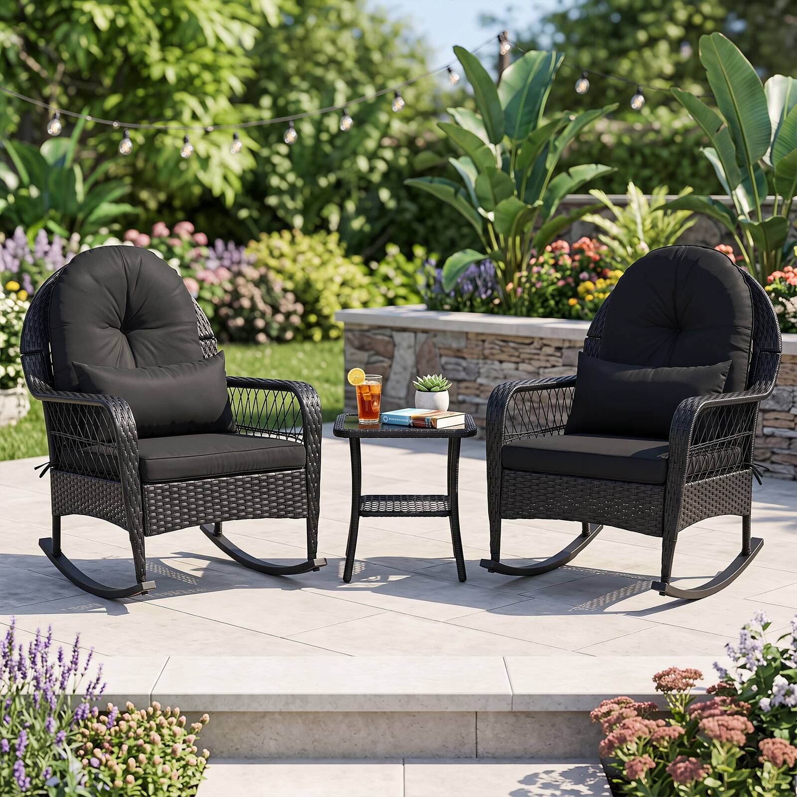 Alt View 4. Costway - Costway 1 PCS Outdoor Wicker Rocking Chair, 400 LBS Patio Rattan Rocker Chair with Thick Cushions - Black.