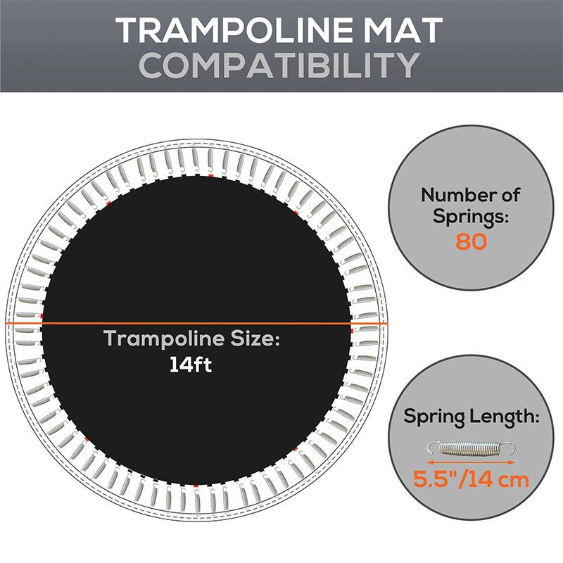 TRAMPOLINE MAT COMPATIBILITY

- Number of Springs: 80
- Trampoline Size: 14ft
- Spring Length: 5.5"/14 cm