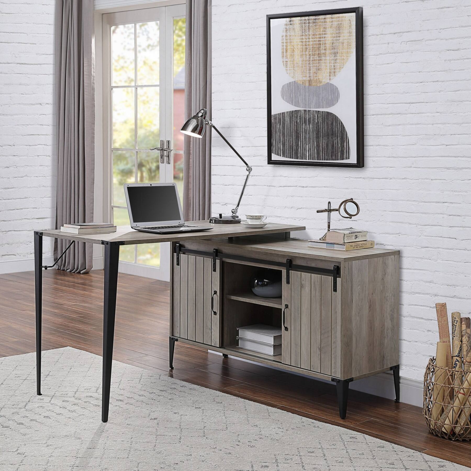 Alt View 8. Glintex - 48" Rustic L-Shaped Writing Desk, Sliding Barn Door Storage, Built-In Cord Management, Sturdy Black Metal Legs - Grey+Black.