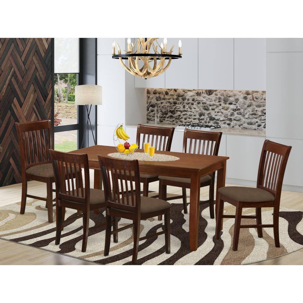 Left. East West Furniture - DUNO7-MAH-C 7 PC Dinette Table set for 6-Dinette Table and 6 dinette Chairs - Mahogany.