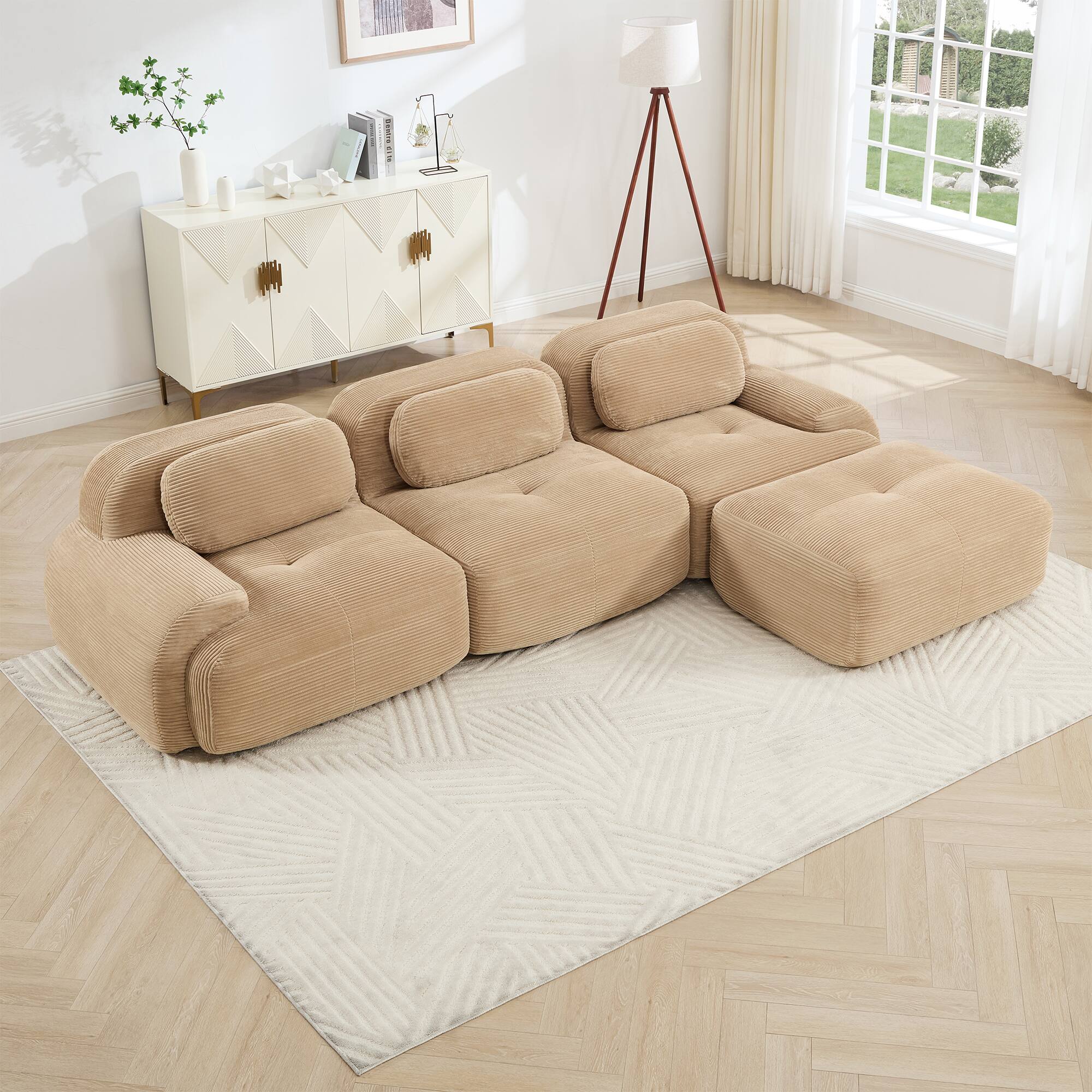 Front. LOVMOR - Corduroy Couch L Shaped Modular No Assembly Compressed Pack Anti Slip Curved Armrests For Bedroom Den Textured - Camel.