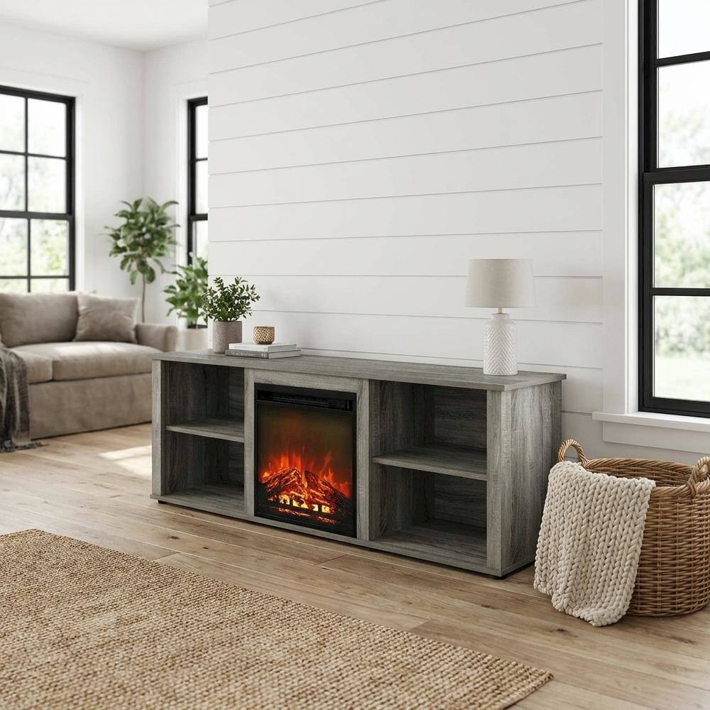 Alt View 1. FurniFact - Wood TV stand with fireplace in French Oak Grey for modern living - Gray.