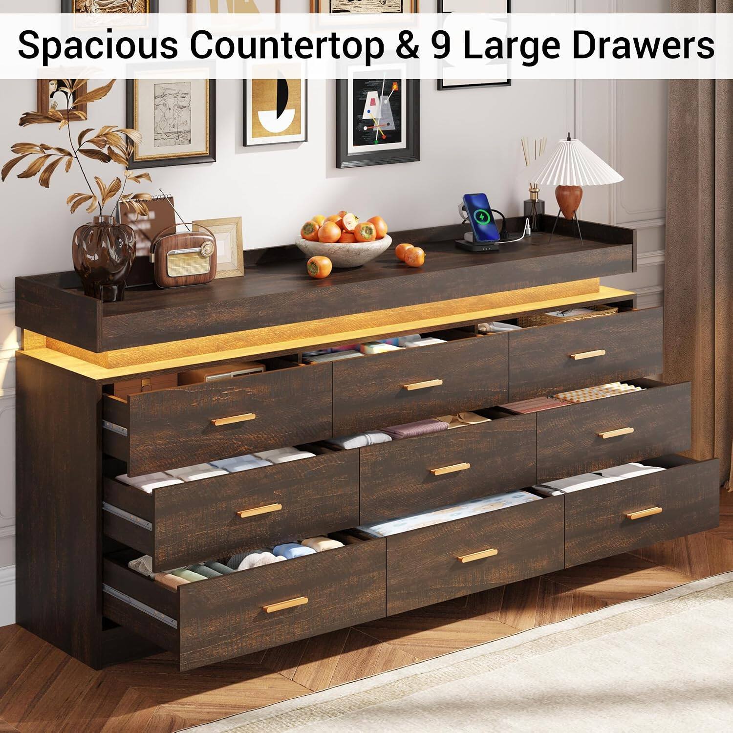 Spacious Countertop & 9 Large Drawers