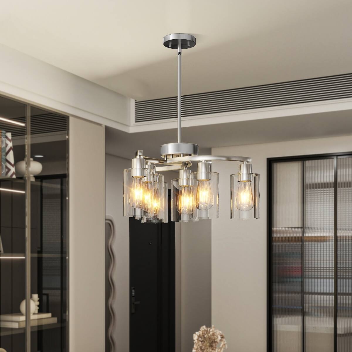 Left. Loheer - Loheer 6 Light Chandelier, Brushed Nickel with Clear Glass Shades, Adjustable for Dining Rooms.