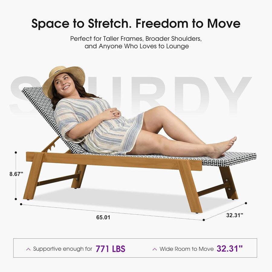 Space to Stretch. Freedom to Move  
Perfect for Taller Frames, Broader Shoulders, and Anyone Who Loves to Lounge  

S RDY  
8.67" 65.01 32.31"  
Supportive enough for 771 LBS  
Wide Room to Move 32.31"