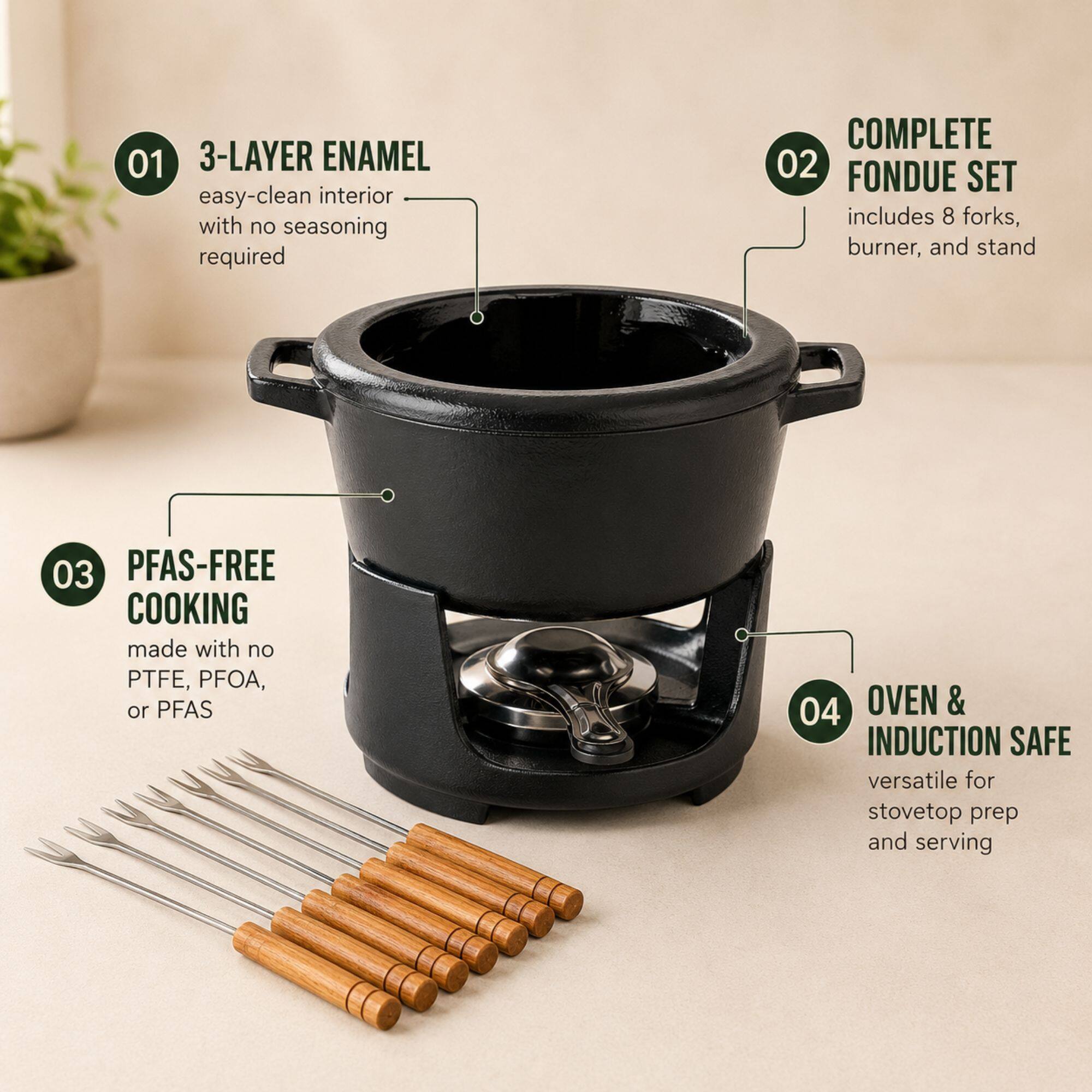 Alva Nori Enameled Cast Iron Fondue Set, 8 Piece, 2 Qt Black