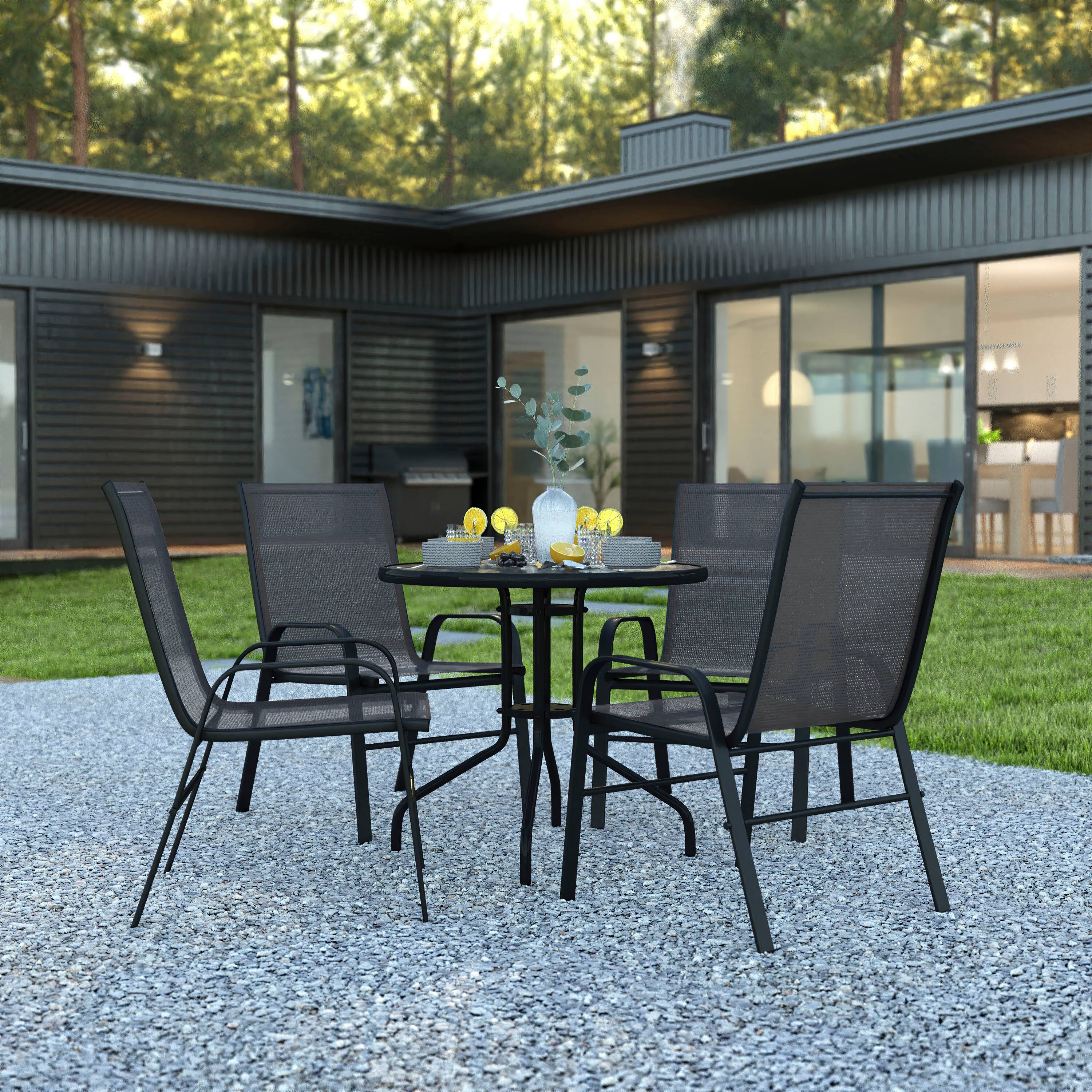 Alt View 1. Emma + Oliver - Five Piece Patio Table Set with Round Metal Table with Tempered Glass Top and 4 Flex Comfort Stacking Chairs - Black.