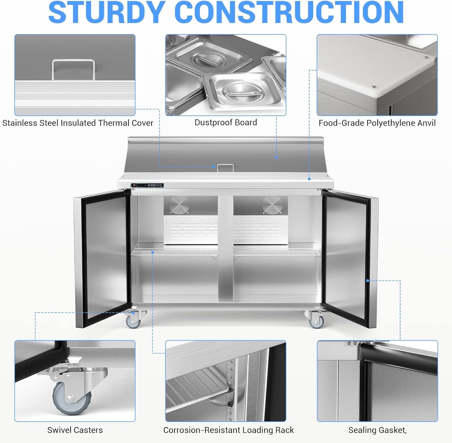 STURDY CONSTRUCTION

- Stainless Steel Insulated Thermal Cover
- Dustproof Board
- Food-Grade Polyethylene Anvil
- Swivel Casters
- Corrosion-Resistant Loading Rack
- Sealing Gasket