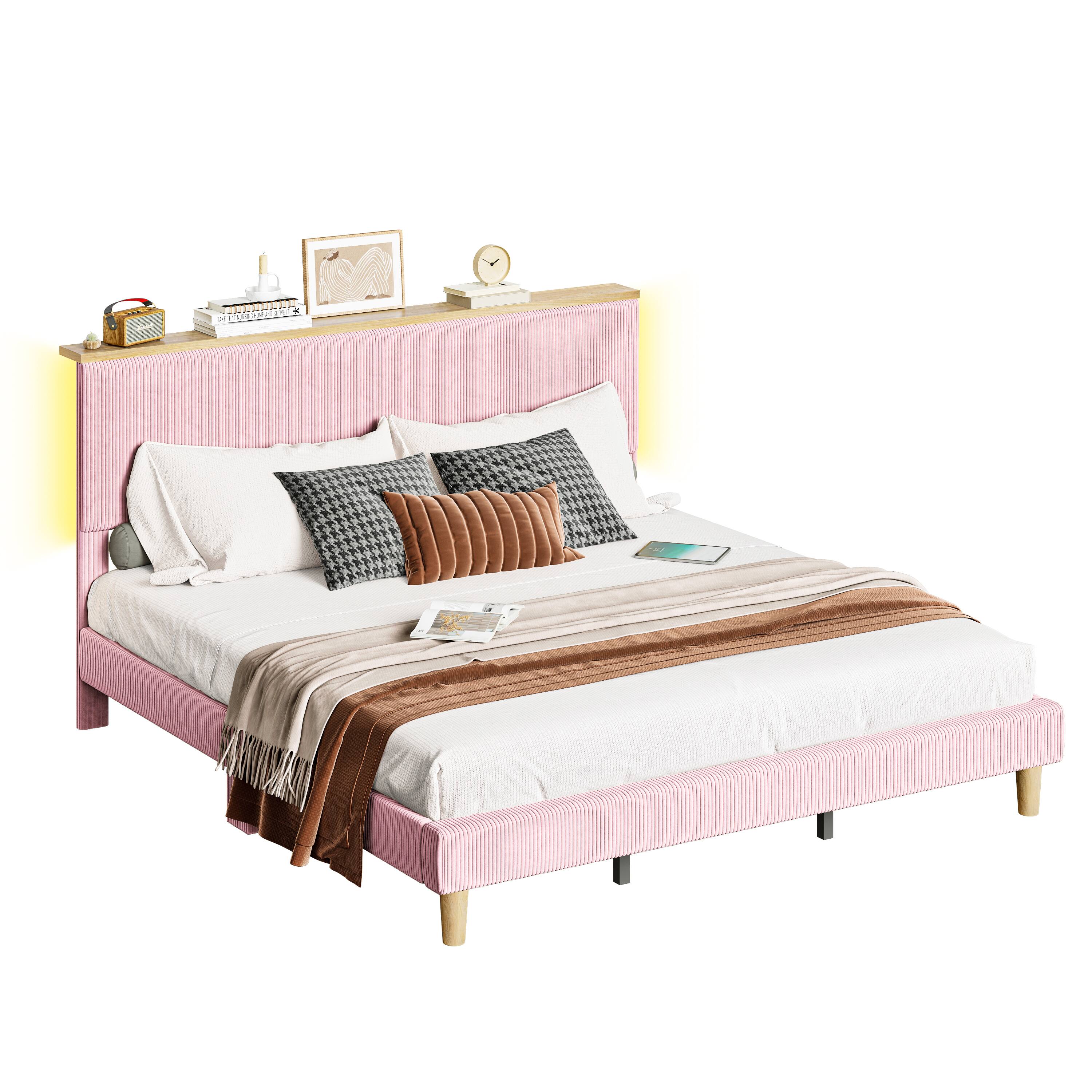 Angle. Bestier - King Size Upholstered Platform Bed Frame with LED Lighting and Adjustable Storage Headboard for Bedroom - Pink.