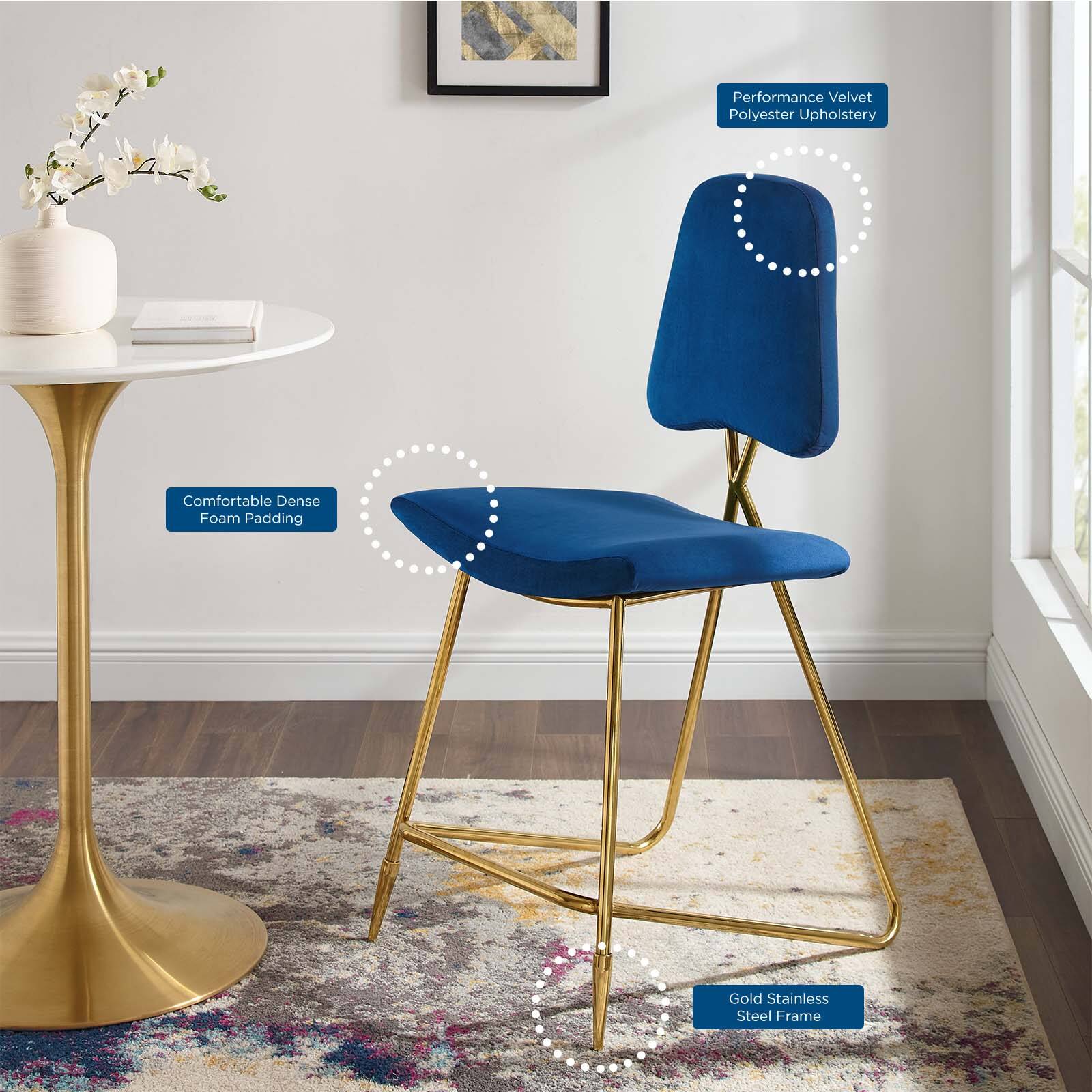 - Performance Velvet Polyester Upholstery
- Comfortable Dense Foam Padding
- Gold Stainless Steel Frame
