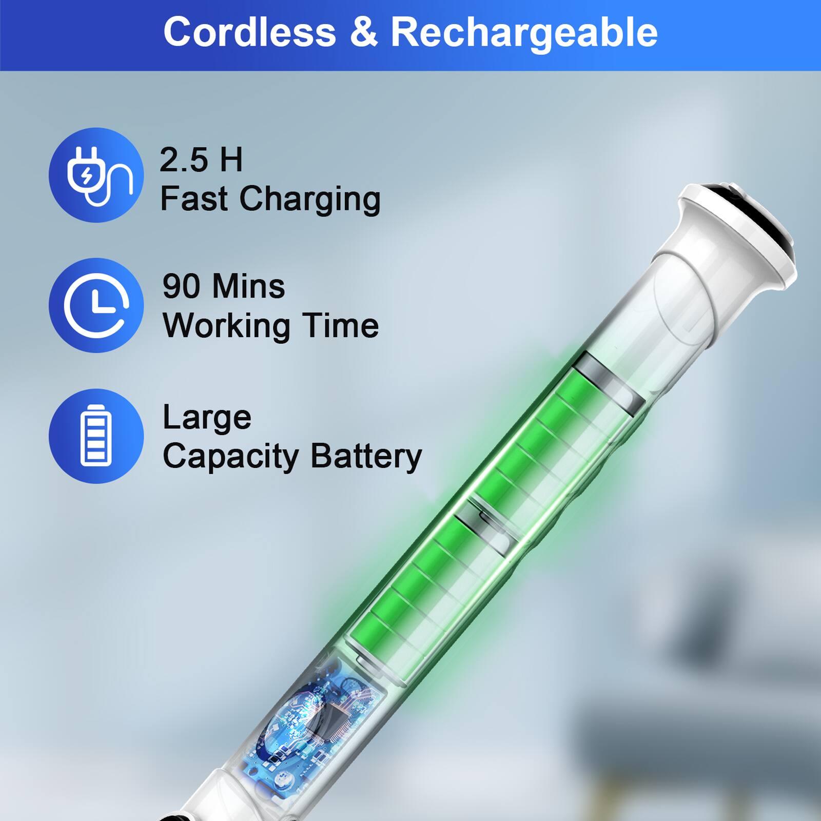 Cordless & Rechargeable

- 2.5 H Fast Charging
- 90 Mins Working Time
- Large Capacity Battery