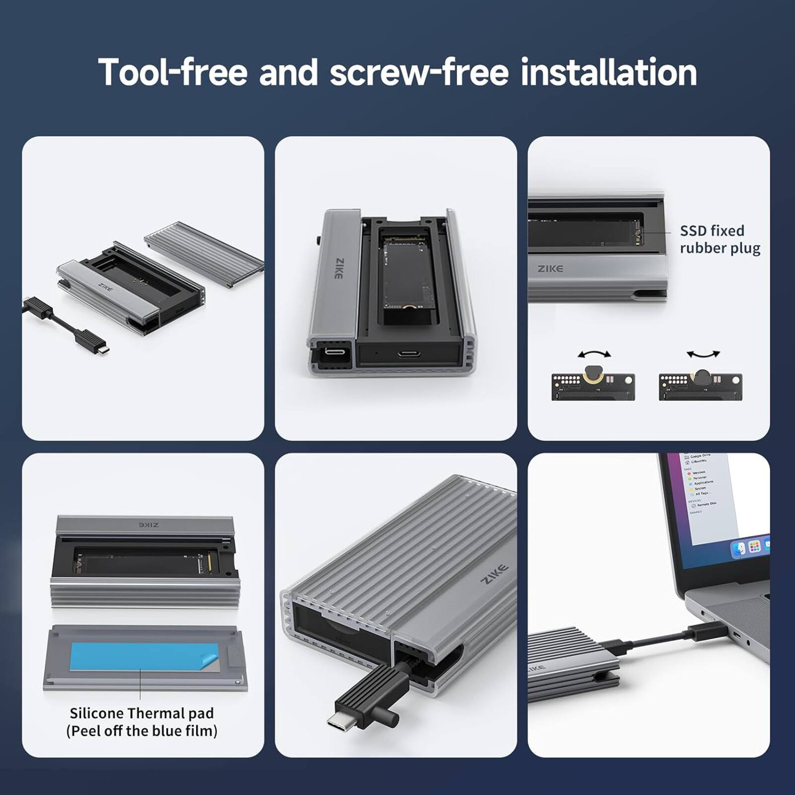 Tool-free and screw-free installation ZIKE ZIKE SSD fixed rubber plug. Silicone Thermal pad (Peel off the blue film).