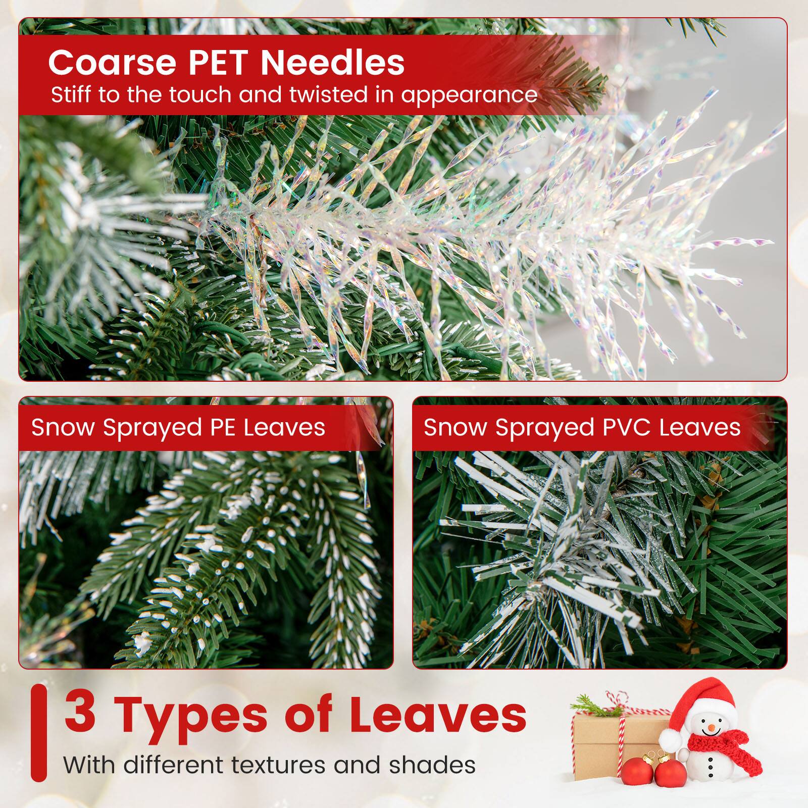 Coarse PET Needles  
Stiff to the touch and twisted in appearance  

Snow Sprayed PE Leaves  

Snow Sprayed PVC Leaves  

3 Types of Leaves  
With different textures and shades
