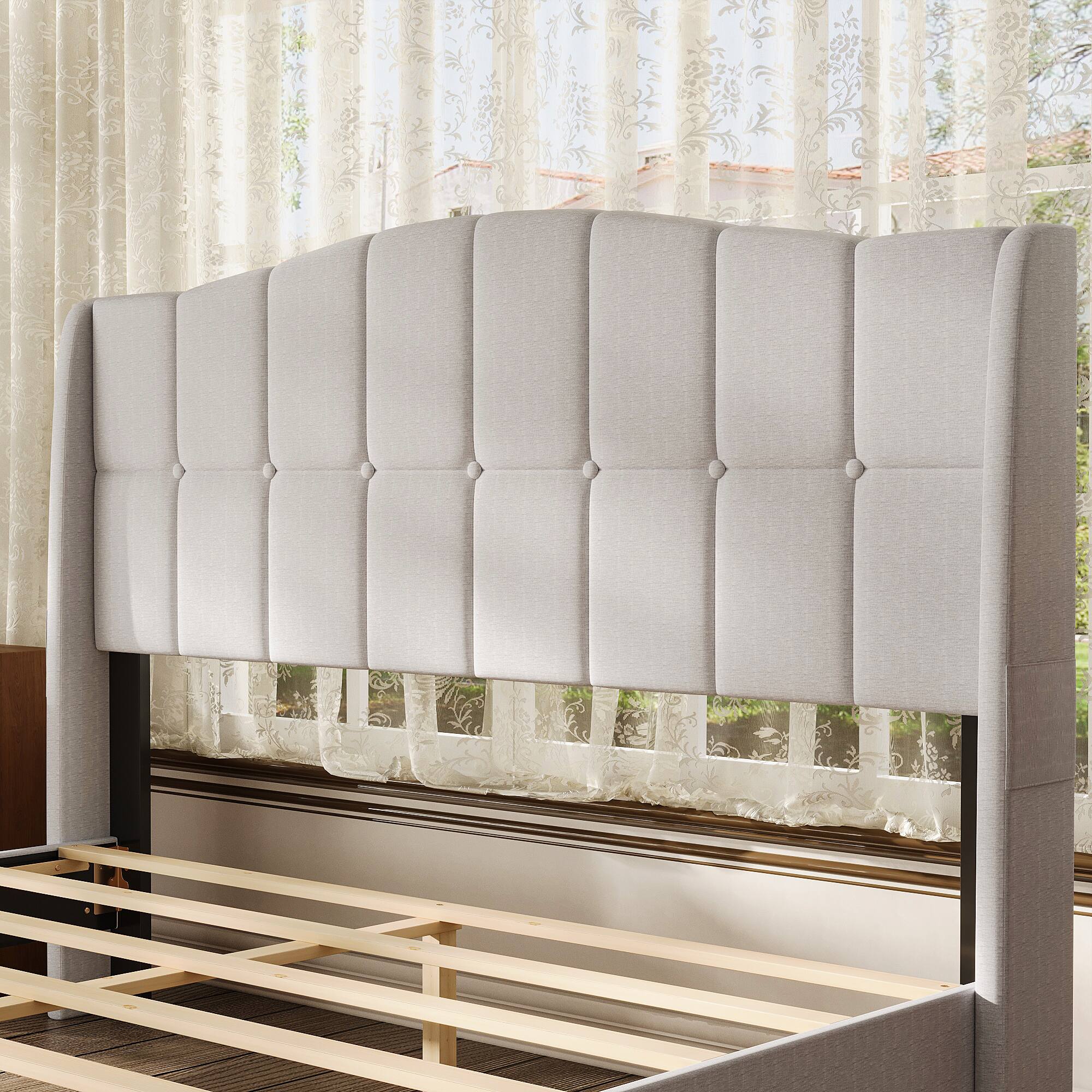Alt View 5. Famapy - Famapy Upholstered Bed Frame: Tufted Headboard, Reinforced Slats & Quiet Stability - Gray.