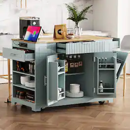 Loheer - Kitchen Island with Trash Can Storage, Rubber Wood Top - Grey Blue