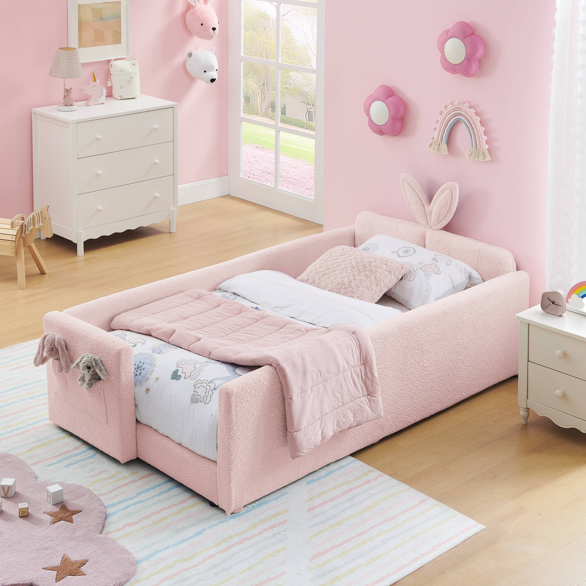 Alt View 5. GOODSILO - Twin Size Upholstered Platform Bed with Playful Bunny Ear Headboard and Safety Features in Soft Neutral Fabric - Pink.