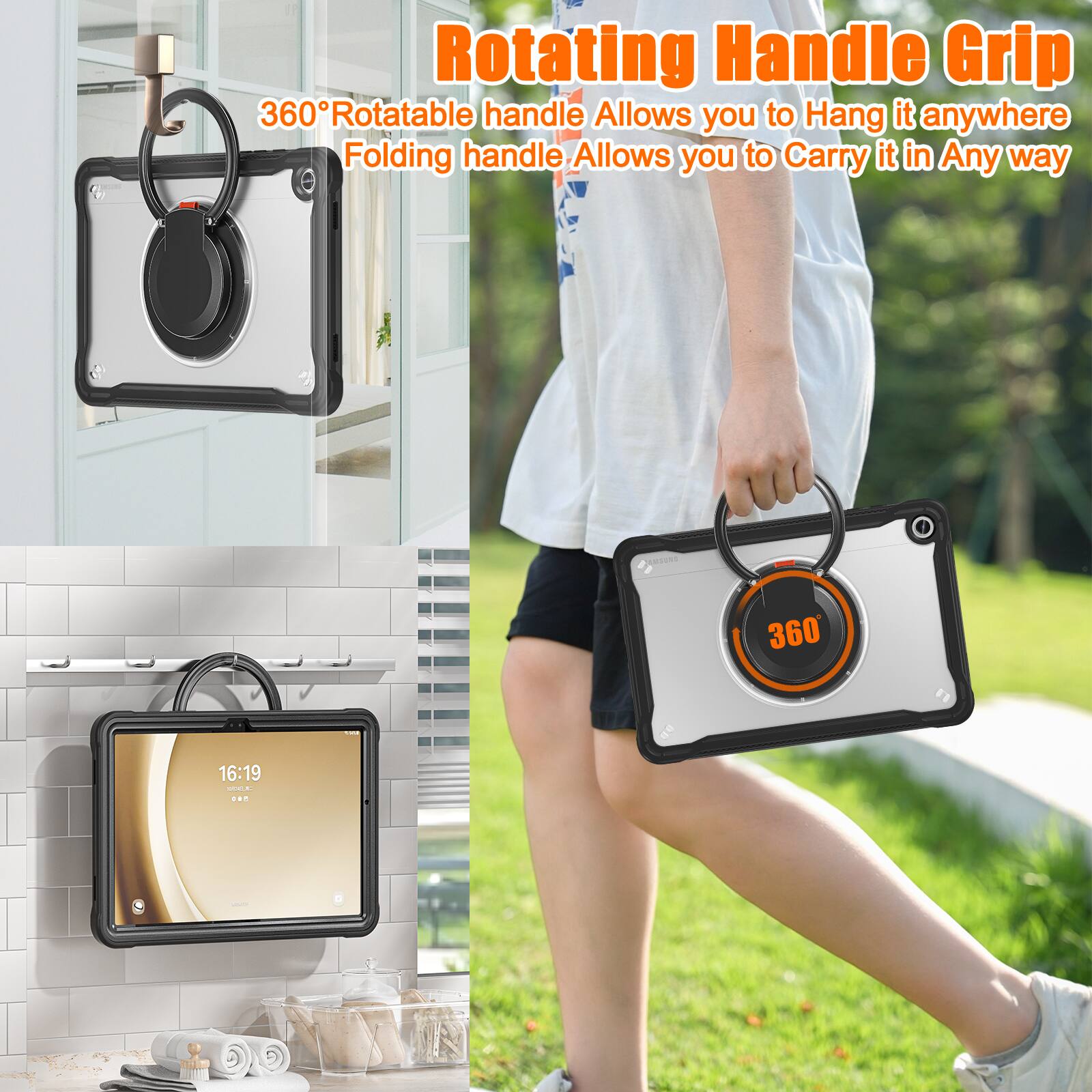 Rotating Handle Grip  
360° Rotatable handle Allows you to Hang it anywhere  
Folding handle Allows you to Carry it in Any way