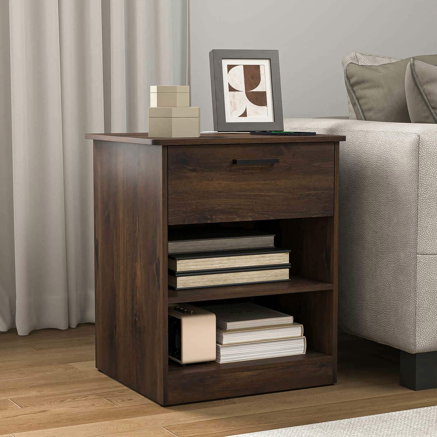 Kadyn - Wood Nightstand With Charging Station, Bedside Table With Wood Drawers And Open Shelf, Bedroom - Brown