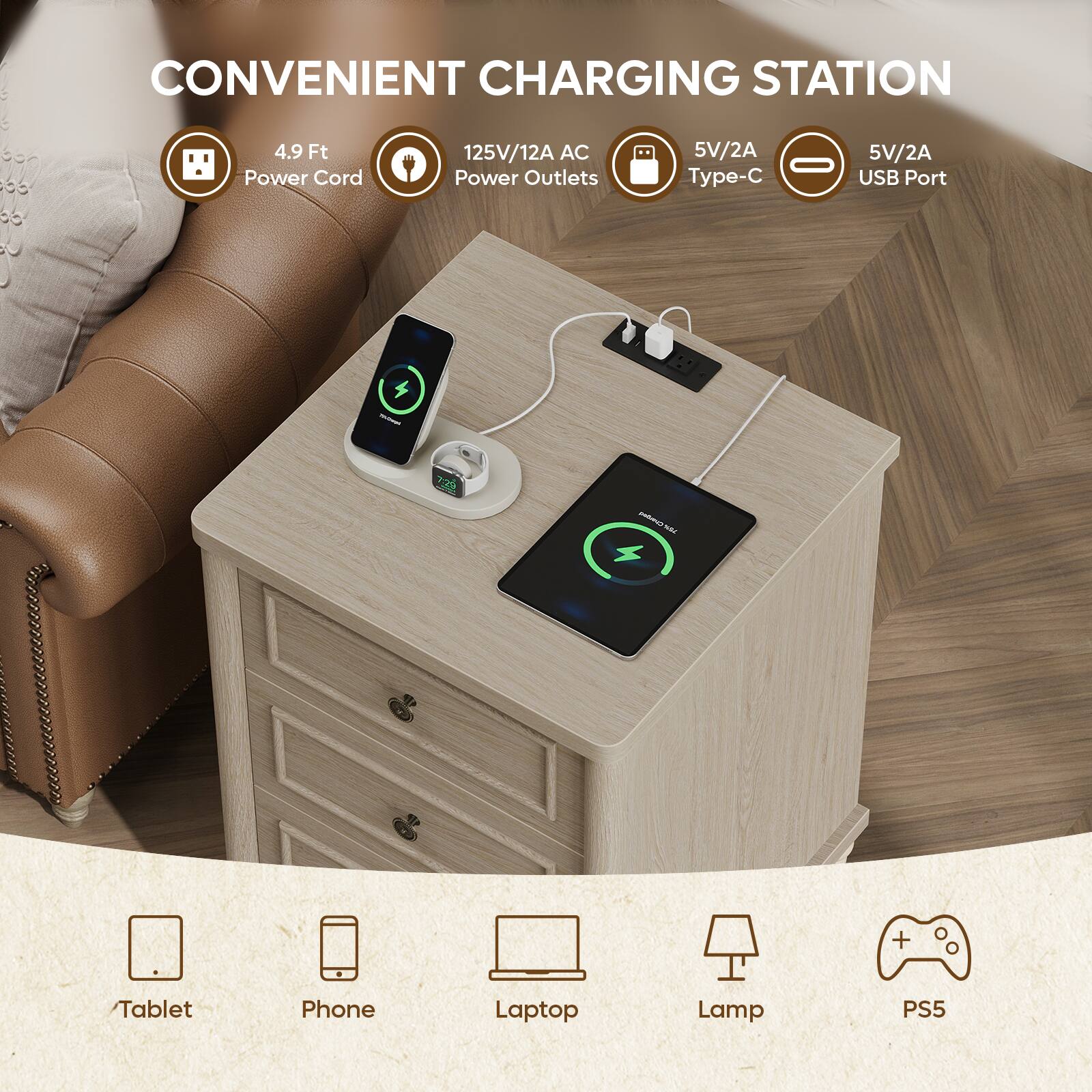 CONVENIENT CHARGING STATION

- 4.9 Ft Power Cord
- 125V/12A AC Power Outlets
- 5V/2A Type-C
- 5V/2A USB Port

CE

Tablet, Phone, Laptop, Lamp, PS5