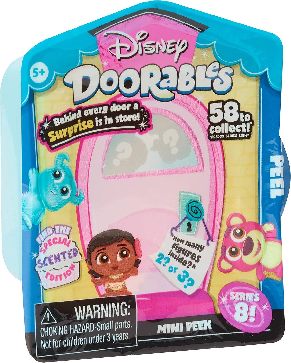 Disney Doorables  
5+  
Behind every door a surprise is in store!  
58 to collect!  
*ACROSS SERIES EIGHT  
PEEL  
FIND THE SPECIAL SCENTED EDITION!  
How many figures inside? 2? or 3?  
SERIES 8!  
MINI PEEK  
WARNING: CHOKING HAZARD-Small parts. Not for children under 3 years.