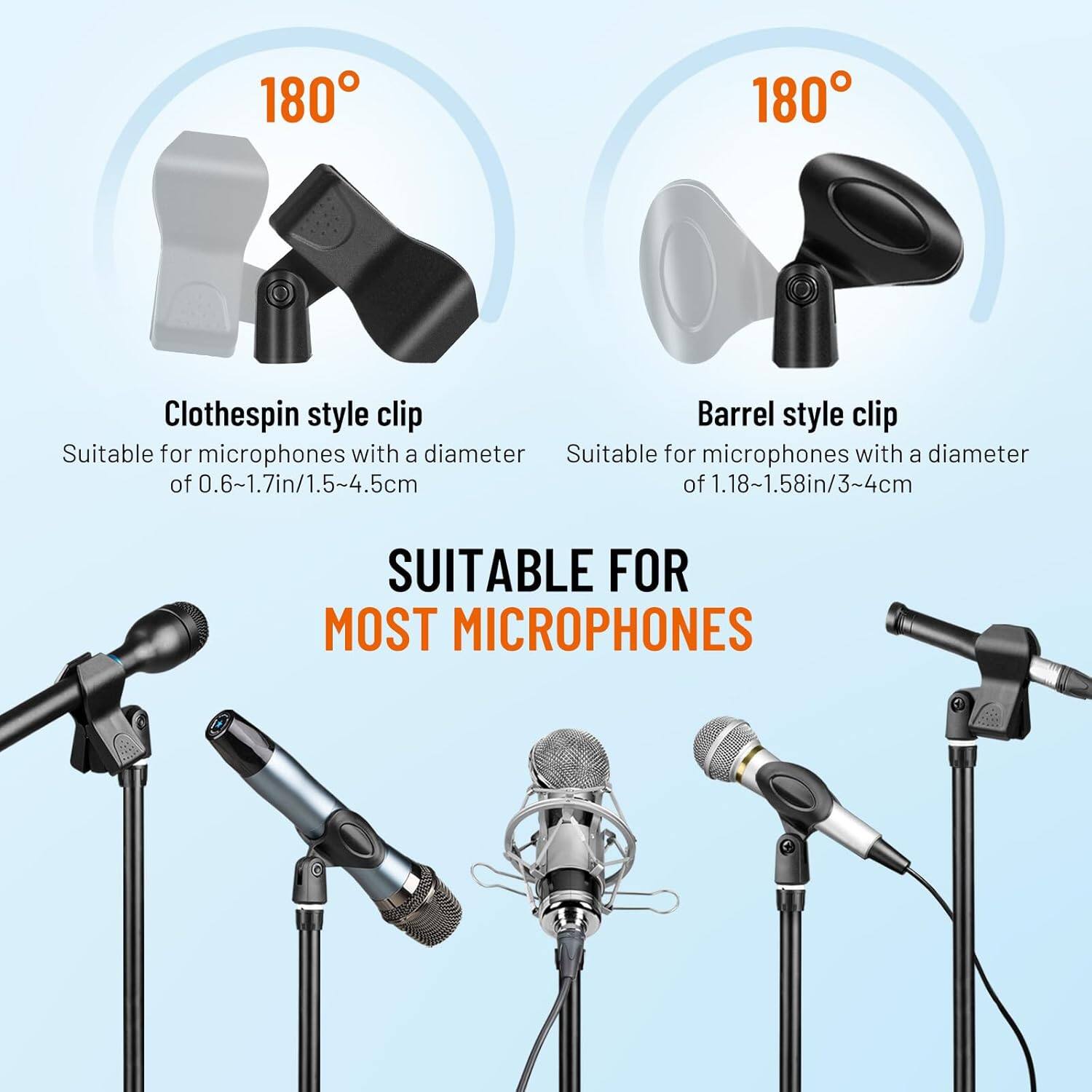 180° Clothespin style clip  
Suitable for microphones with a diameter of 0.6~1.7in/1.5~4.5cm  

180° Barrel style clip  
Suitable for microphones with a diameter of 1.18~1.58in/3~4cm  

SUITABLE FOR MOST MICROPHONES