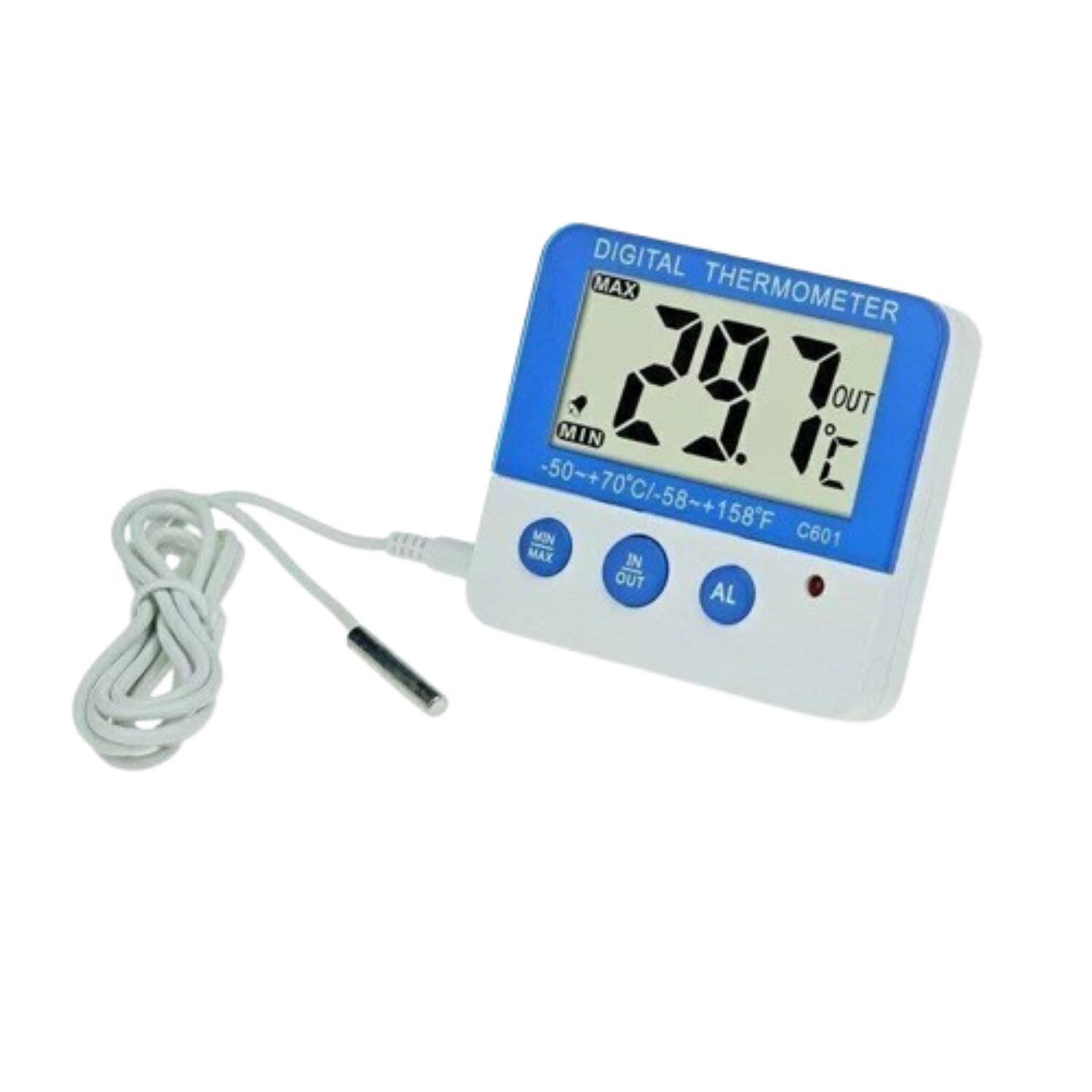 DIGITAL THERMOMETER -50~+70C/-58~+158F MAX 207 OUT MIN C601 MAX IN OUT AL