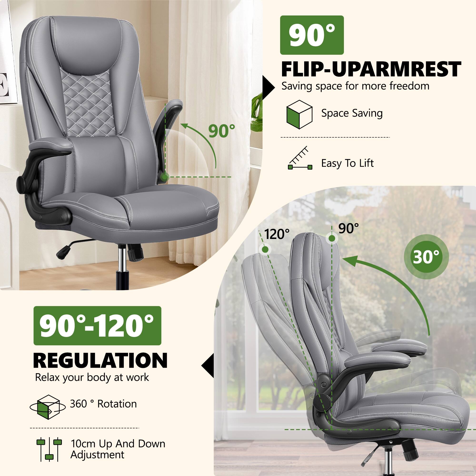 C 90° FLIP-UP ARMREST  
Saving space for more freedom  
Space Saving  
Easy To Lift  

90°-120° REGULATION  
Relax your body at work  
360° Rotation  
10cm Up And Down Adjustment