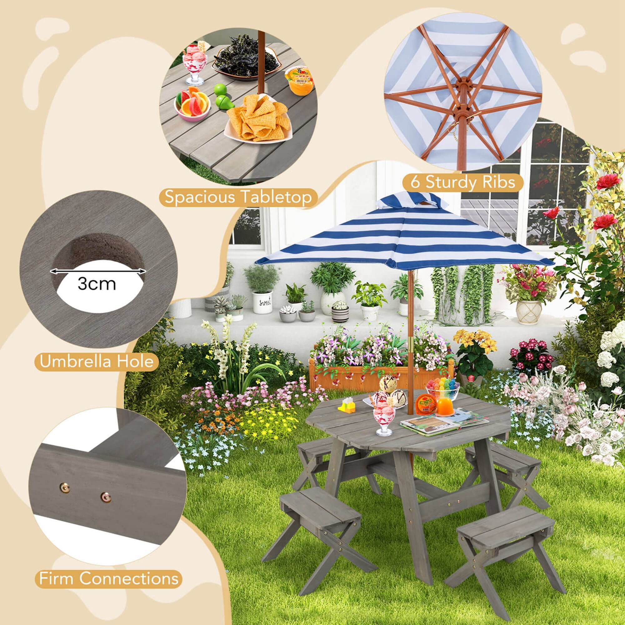 - Spacious Tabletop
- 6 Sturdy Ribs
- 3cm Umbrella Hole
- Firm Connections