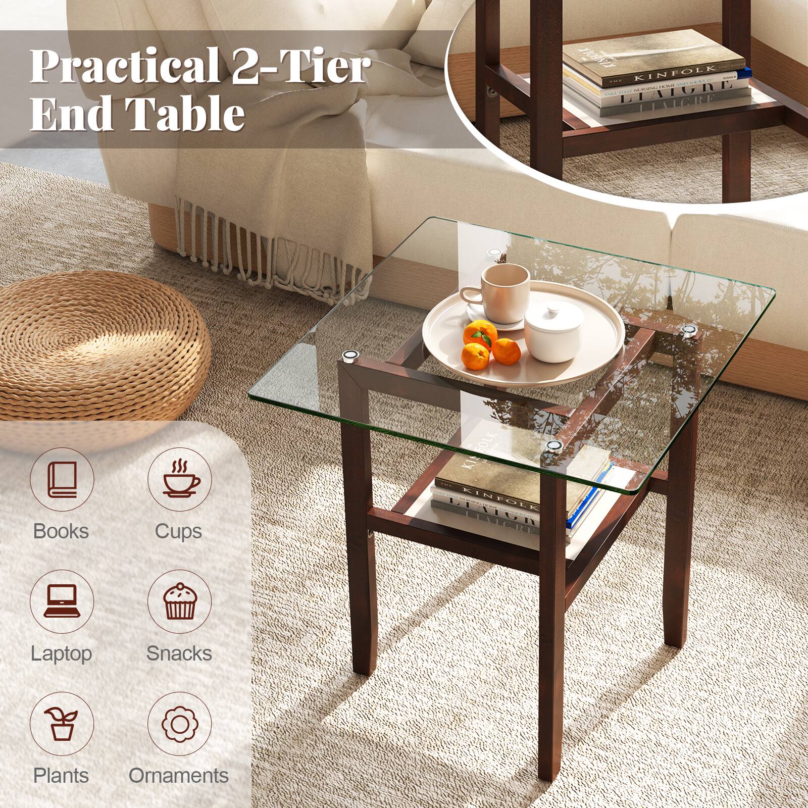 Practical 2-Tier End Table

Books  
Cups  
Laptop  
Snacks  
Plants  
Ornaments
