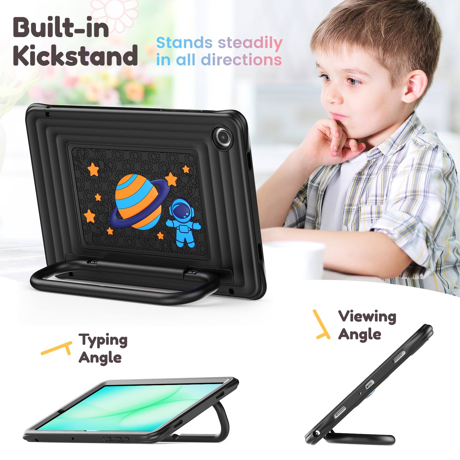 Built-in Kickstand  
Stands steadily in all directions  

Typing Angle  
Viewing Angle