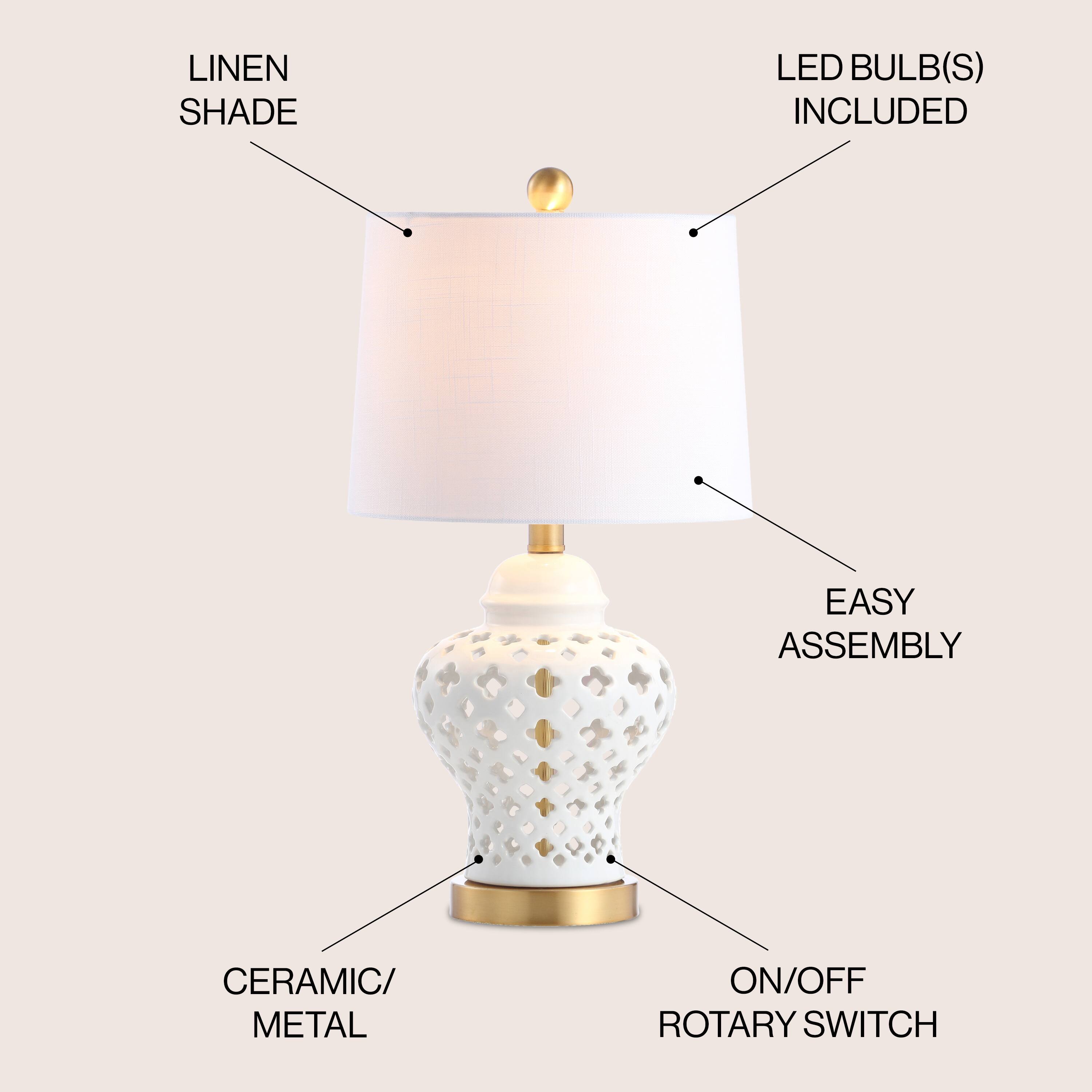 LINEN SHADE  
LED BULB(S) INCLUDED  
EASY ASSEMBLY  
CERAMIC/METAL  
ON/OFF ROTARY SWITCH