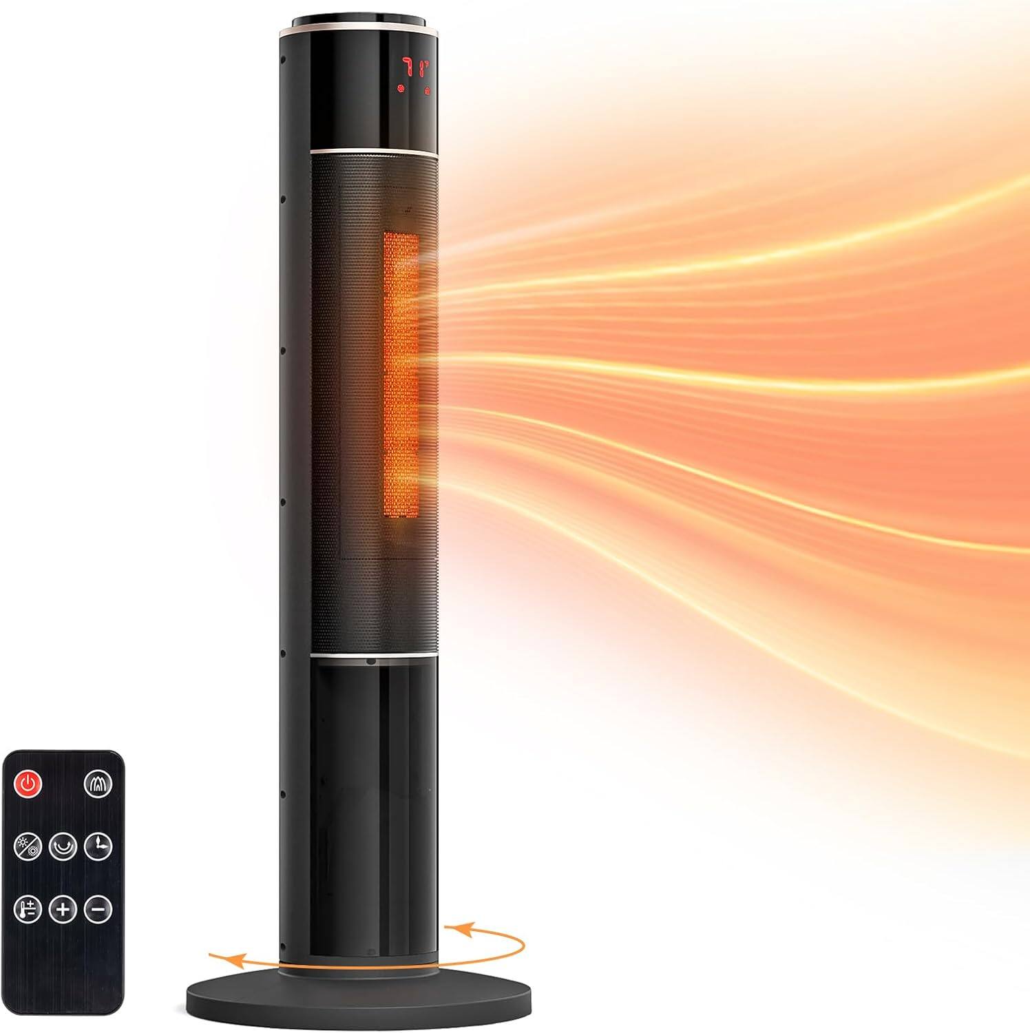 Alt View 1. Winado - 33 inch Tower Space Heater with 3D Flame, 1500W Portable Electric Heater with Thermostat, 60° Oscillation, Timer, Remote - Black.