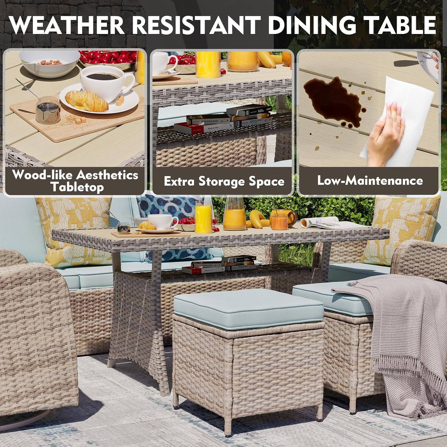 WEATHER RESISTANT DINING TABLE

- Wood-like Aesthetics Tabletop
- Extra Storage Space
- Low-Maintenance
