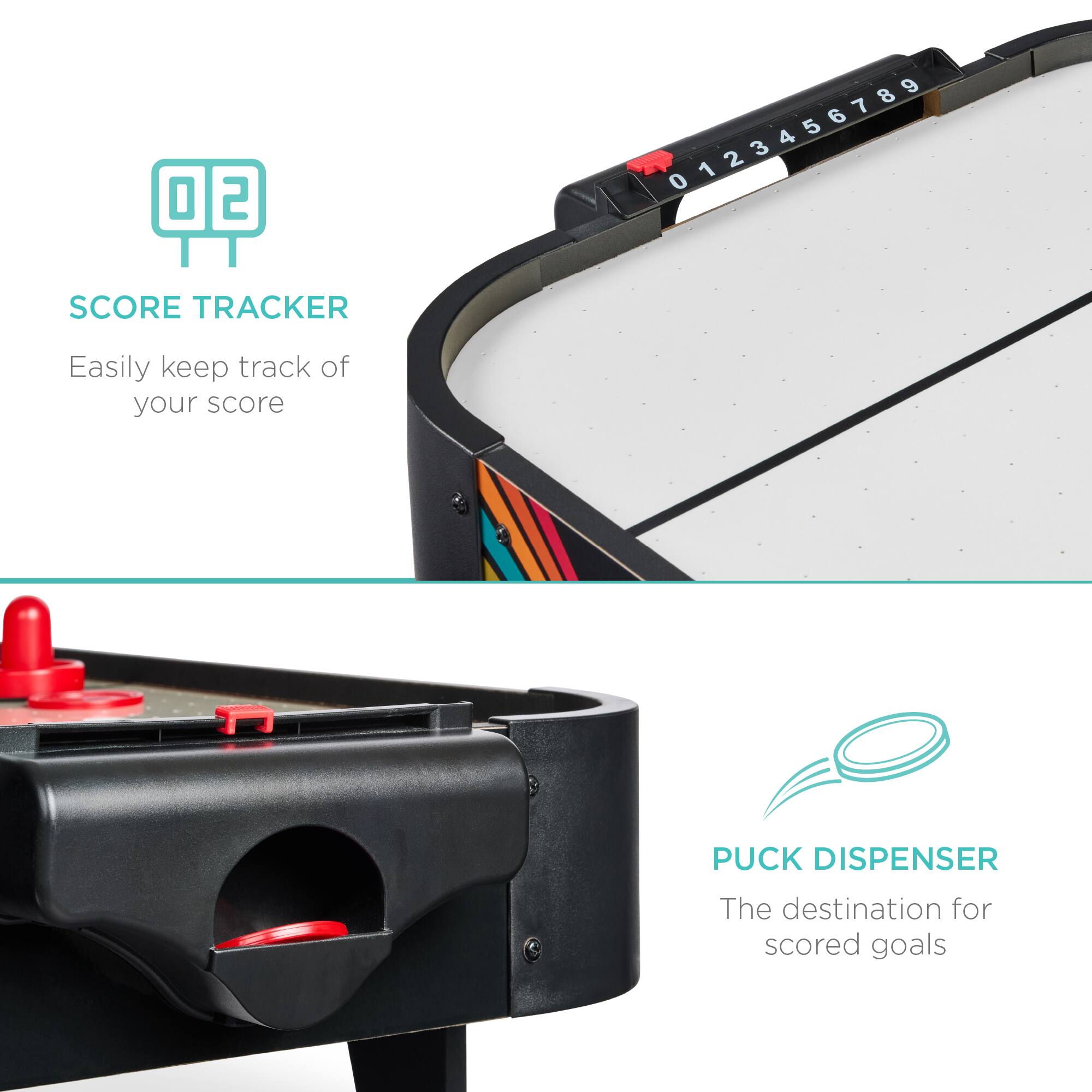 The text in the image can be grouped and corrected as follows:

**Score Tracker**
- Easily keep track of your score

**Puck Dispenser**
- The destination for scored goals