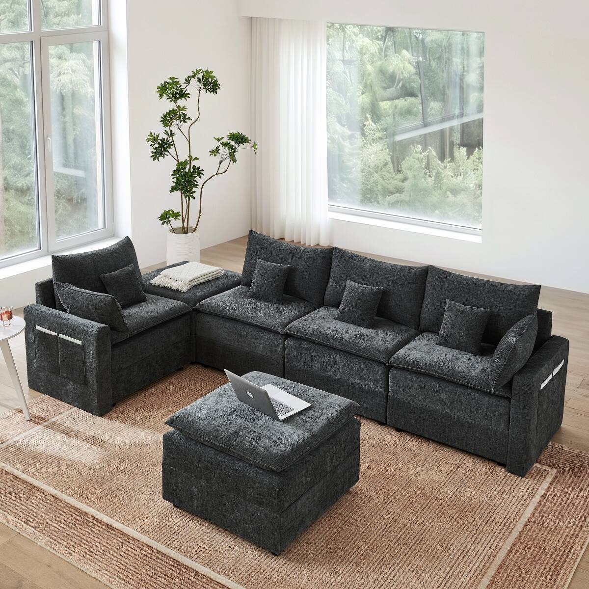 Left. Ropilly - Ropilly U Shaped Modular Sectional Sofa, Chenille Upholstered 6 Seat Deep Seat Couch, Black - Black.