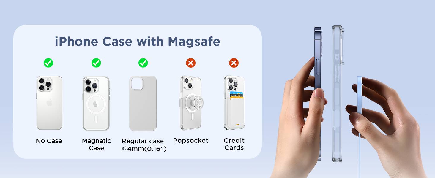 iPhone Case with Magsafe

No Case
Magnetic Case
Regular case < 4mm(0.16")
Popssocket
Credit Cards