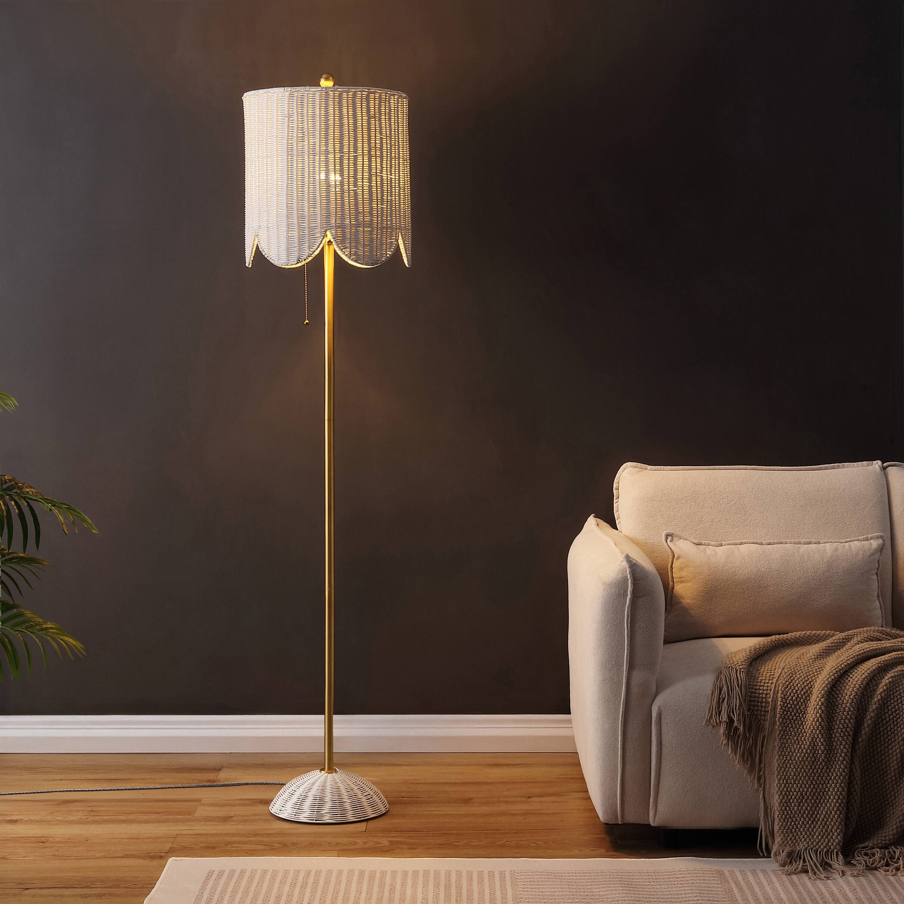 Alt View 1. Jonathan Y - Joel 63.5" Coastal Bohemian Scallop Shade Rattan/Metal LED Floor Lamp with Pull Chain, White/Brass Gold - White/Brass Gold.