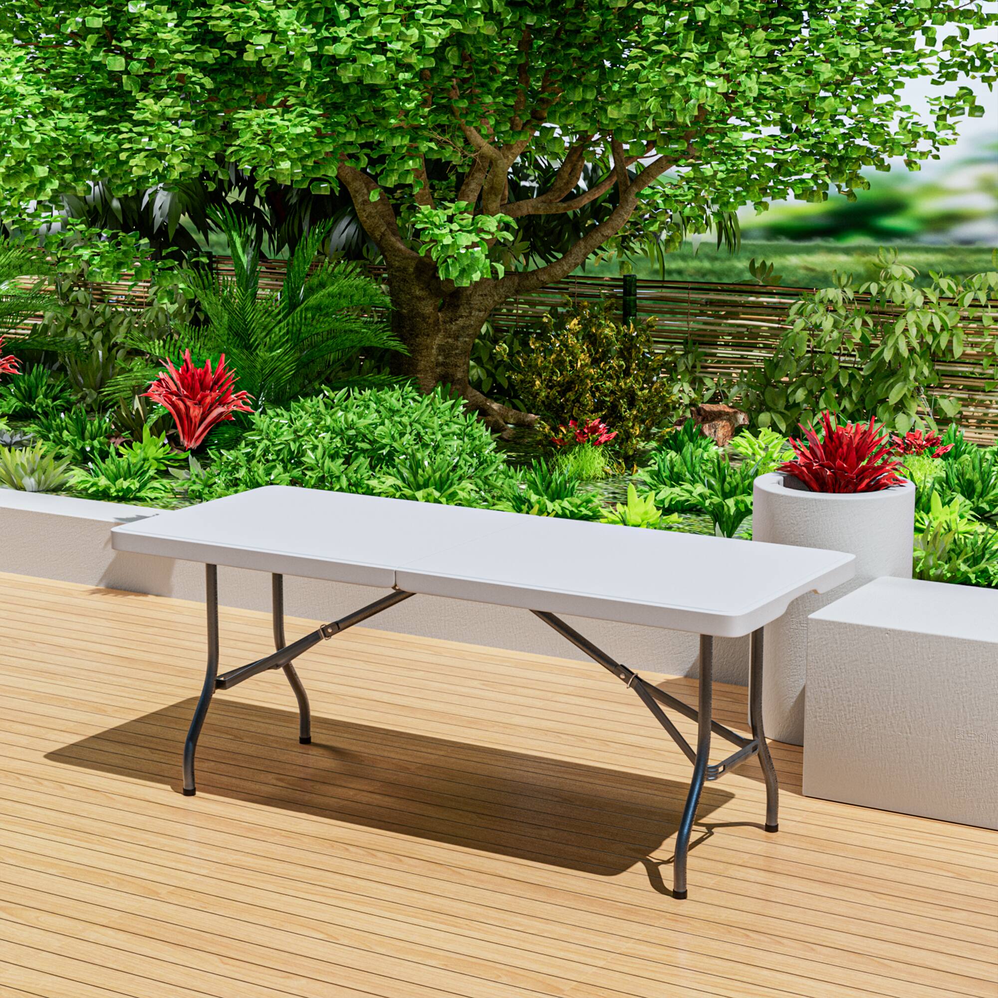 Left. Decksplore - 71x29 Inch Portable Folding Table, Height-Adjustable for Indoor/Outdoor Events. Durable Plastic, Folds for Easy Storage. - White.