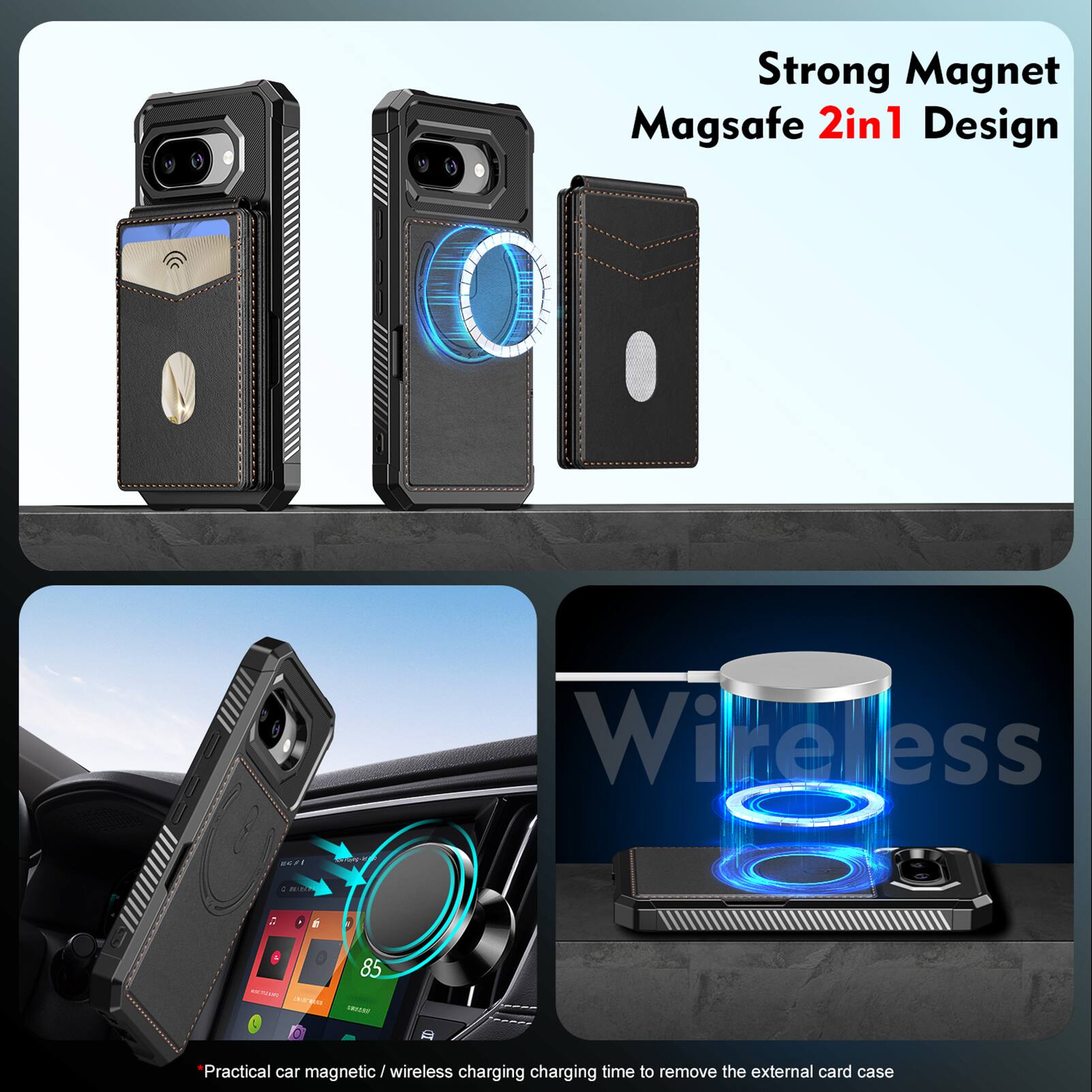 Strong Magnet Magsafe 2in1 Design Wireless

Practical car magnetic / wireless charging charging time to remove the external card case