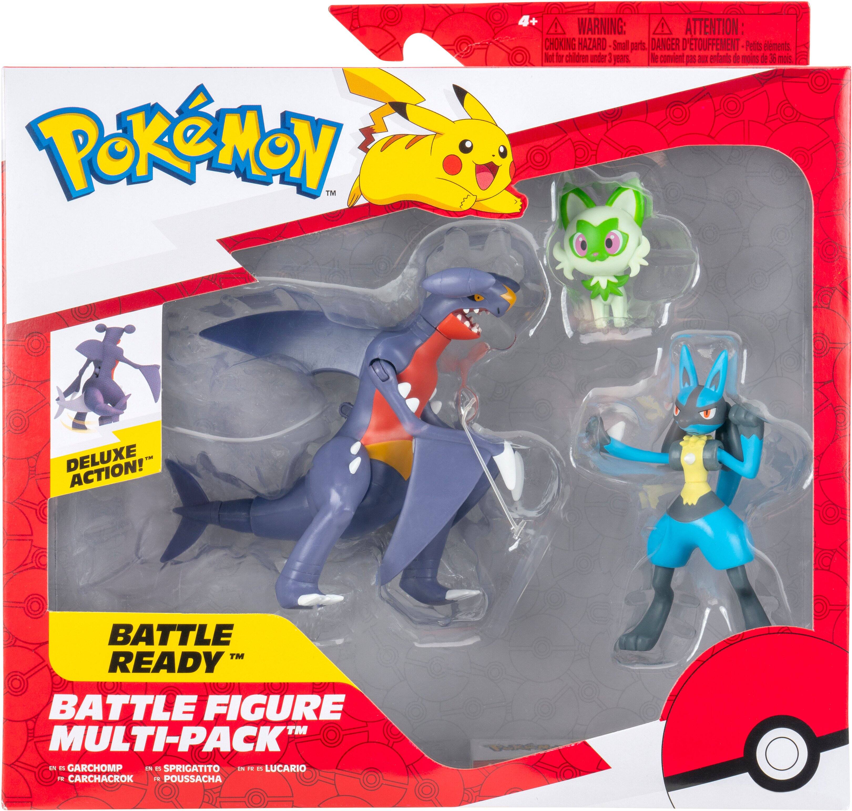 Pokémon™  
WARNING: ATTENTION: CHOKING HAZARD - Small parts. Not for children under 3 years. DANGER D'ÉTOUFFEMENT - Petits éléments. Ne convient pas aux enfants de moins de 36 mois.  
DELUXE ACTION!™  
BATTLE READY™  
BATTLE FIGURE MULTI-PACK™  
- GARCHOMP  
- SPRIGATITO  
- LUCARIO  
- POUSSECHA