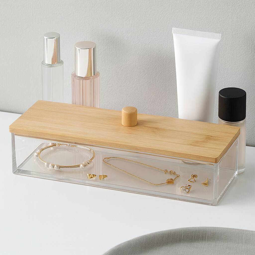 Left. Elle - Acrylic Cosmetic Organizer with Bamboo Lid, Clear Nonslip Storage Box for Makeup, Skincare & Jewelry, Bathroom & Vanity - Clear/Natural Bamboo.