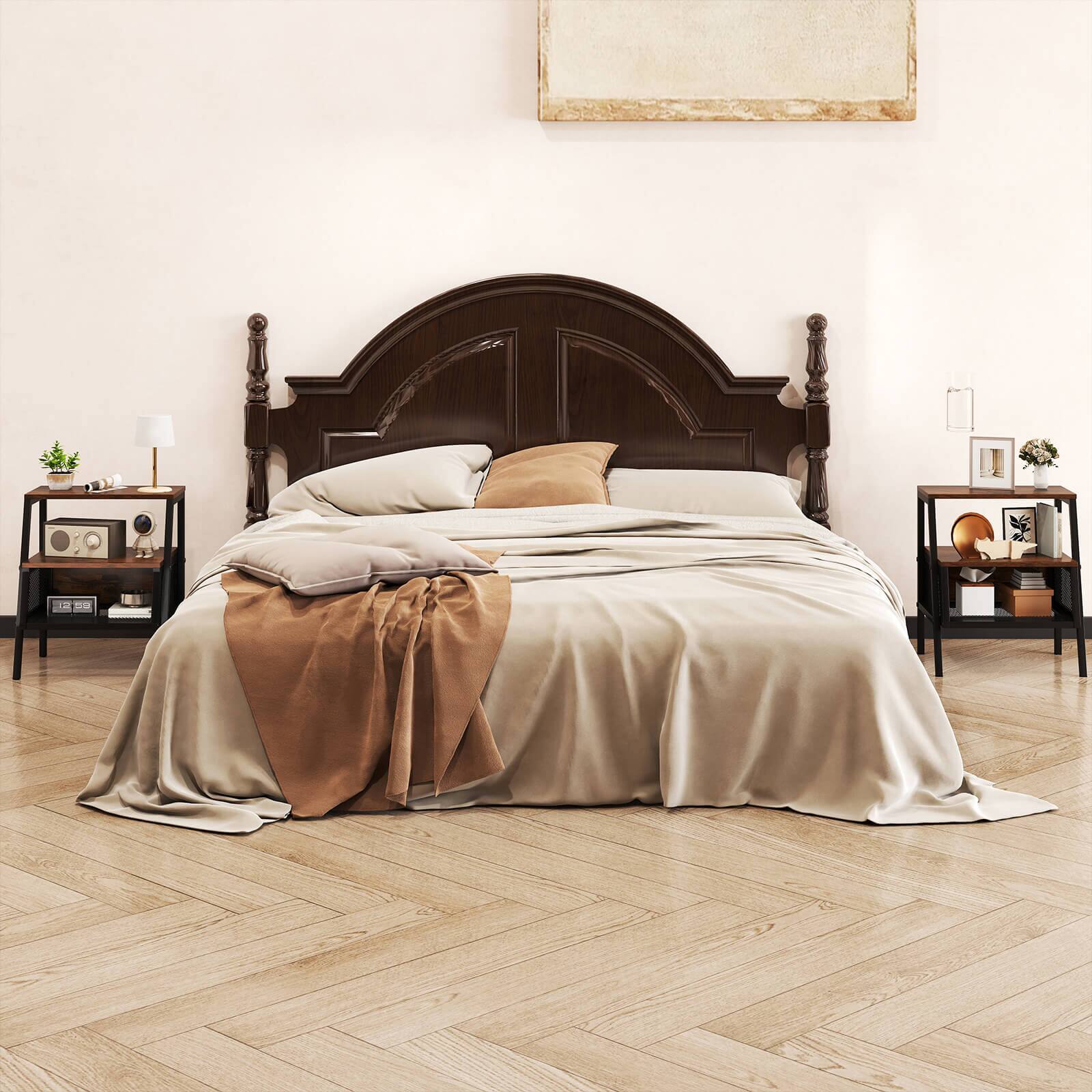 Alt View 5. Costway - Costway 2 PCS Industrial Nightstand 3-Tier End Table with 2 Open Shelves & Metal Mesh Compartment - Brown.